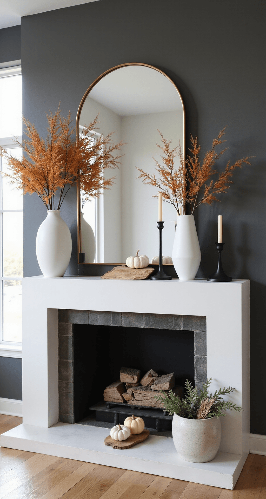 Fall Fireplace Mantel Decor: Transform Your Living Space This Autumn Photorealistic medium shot of a modern living room mantel styled for fall, featuring a white floating mantel, large mirror, geometric vessels with orange maple branches, black candlesticks, mini pumpkins on a wooden board, and touches of eucalyptus and wheat, illuminated by bright natural light from floor-to-ceiling windows.