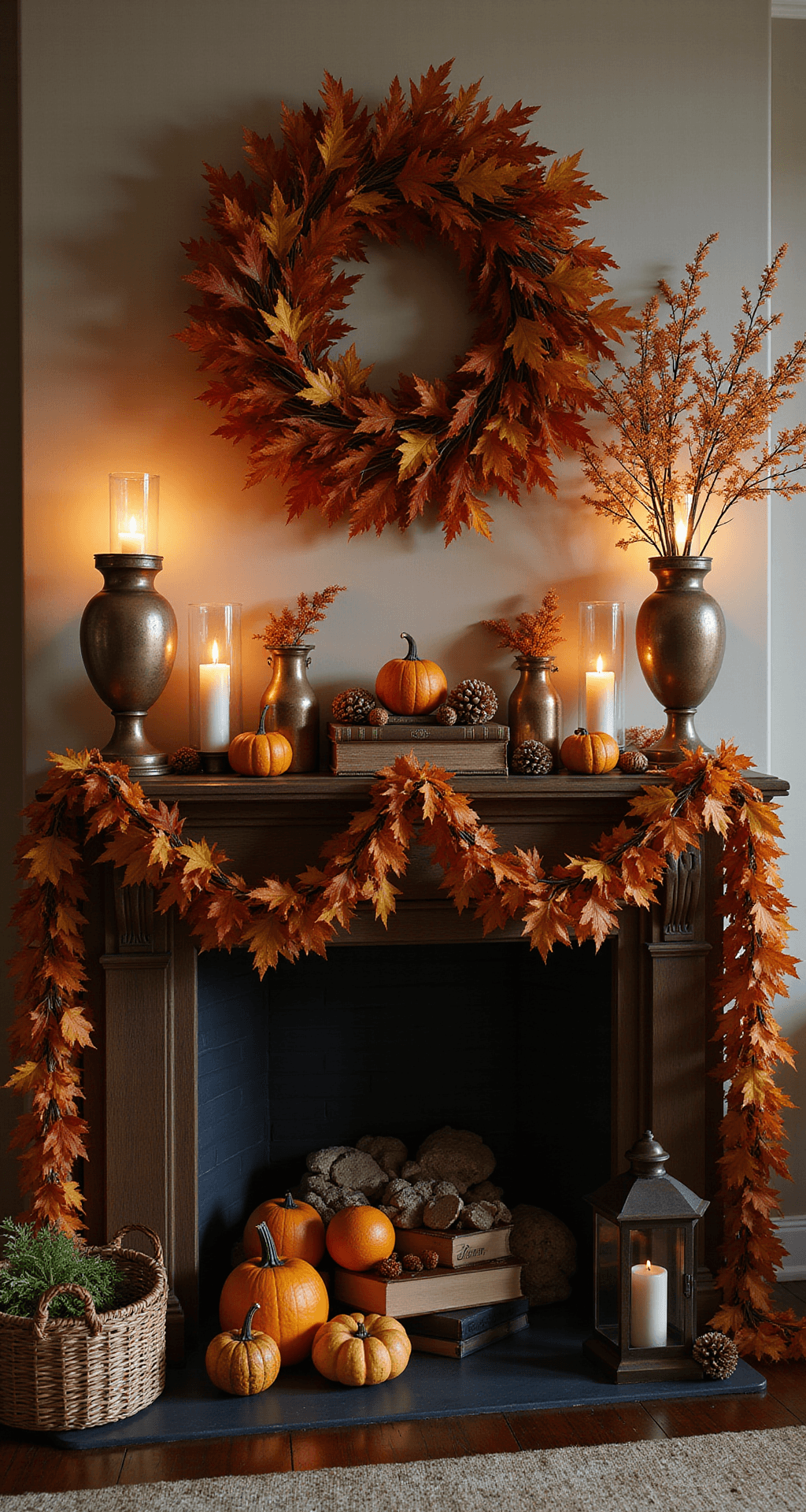 Fall Fireplace Mantel Decor: Transform Your Living Space This Autumn Photorealistic wide shot of a cozy traditional living room mantel adorned for fall, featuring a dark wood mantel with rich autumn foliage, hurricane lanterns with candles, heirloom pumpkins, and a large autumn wreath, all illuminated by warm interior lighting.