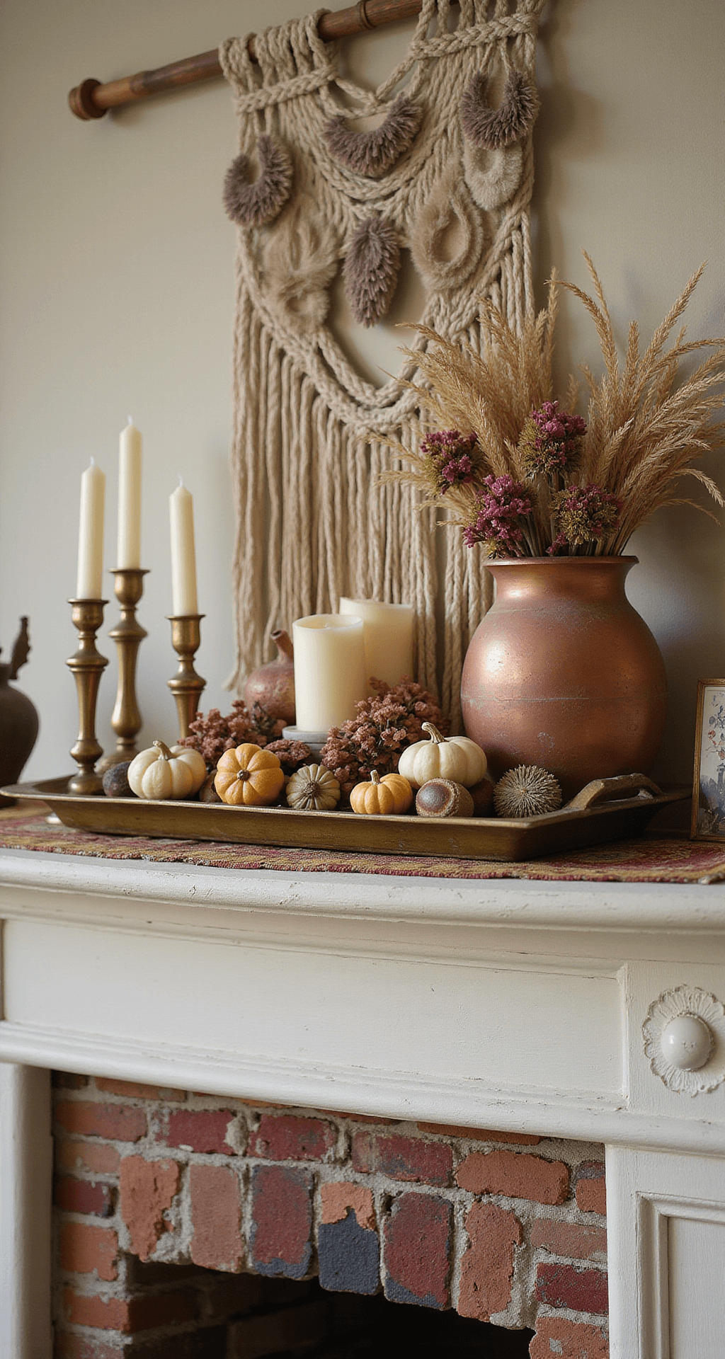 Fall Fireplace Mantel Decor: Transform Your Living Space This Autumn Photorealistic close-up of a bohemian mantel arrangement featuring a warm cream painted brick backdrop, eclectic vintage treasures, brass candlesticks with beeswax candles, a copper tray with gourds and chestnuts, and dried pampas grass in a pottery vessel, all illuminated by soft morning light that enhances the textures and colors of the arrangement.