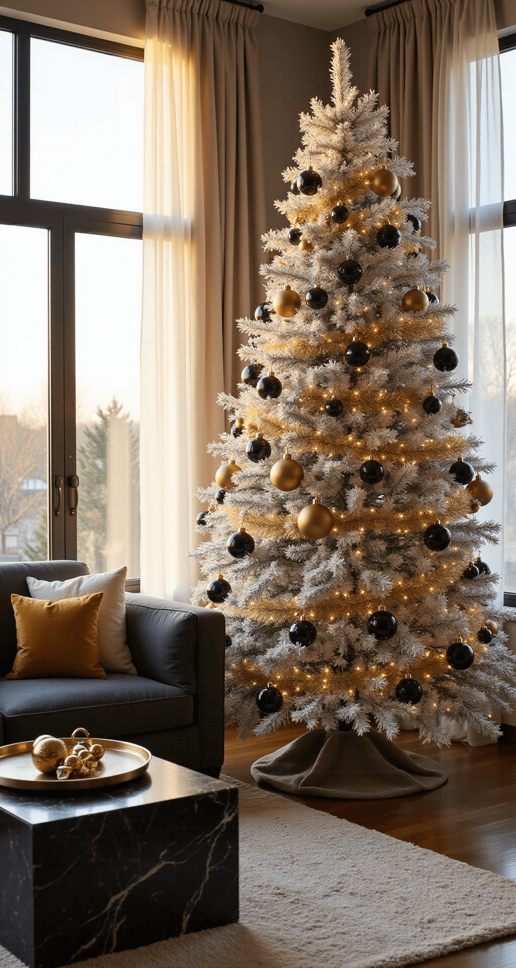 Black and Gold Christmas Decor: Your Guide to Creating a Show-Stopping Holiday Look Sophisticated living room decorated for Christmas, featuring a 12-foot flocked white tree with matte gold and glossy black ornaments, golden hour sunlight filtering through sheer curtains, a modern charcoal sectional sofa with gold pillows, a black marble coffee table with gold ornaments, and a textured cream area rug.