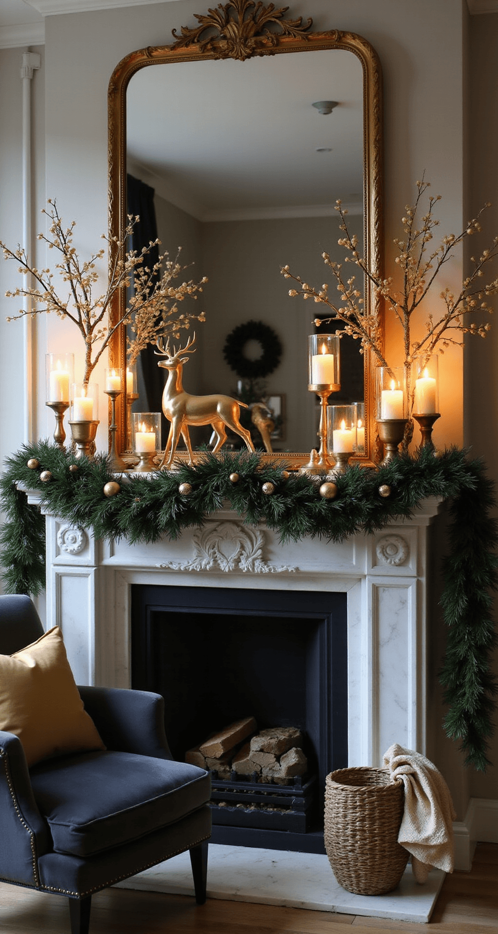 Black and Gold Christmas Decor: Your Guide to Creating a Show-Stopping Holiday Look Elegant Christmas mantel in black and gold, featuring a luxurious garland, pillar candles, and an oversized gold reindeer sculpture, all illuminated by soft candlelight, with a plush velvet armchair nearby.