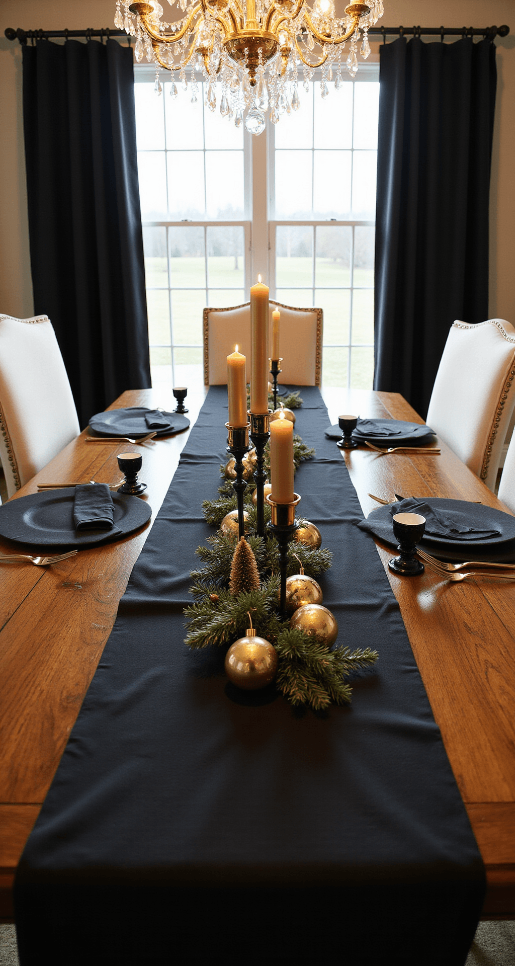 Black and Gold Christmas Decor: Your Guide to Creating a Show-Stopping Holiday Look Elegant Christmas dining table setting featuring a black linen runner and gold accents, arranged with candles, gold trees, and jingle bells, illuminated by warm golden hour light.