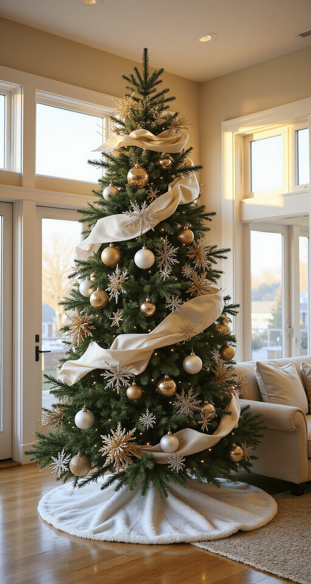 White and Gold Christmas Decor: How I Transform My Home Into a Winter Palace A grand living room during golden hour featuring a beautifully decorated 9-foot Christmas tree with white and gold ribbons, ornaments, and warm string lights, set against cream-colored walls and honey oak hardwood floors, creating an elegant holiday atmosphere.
