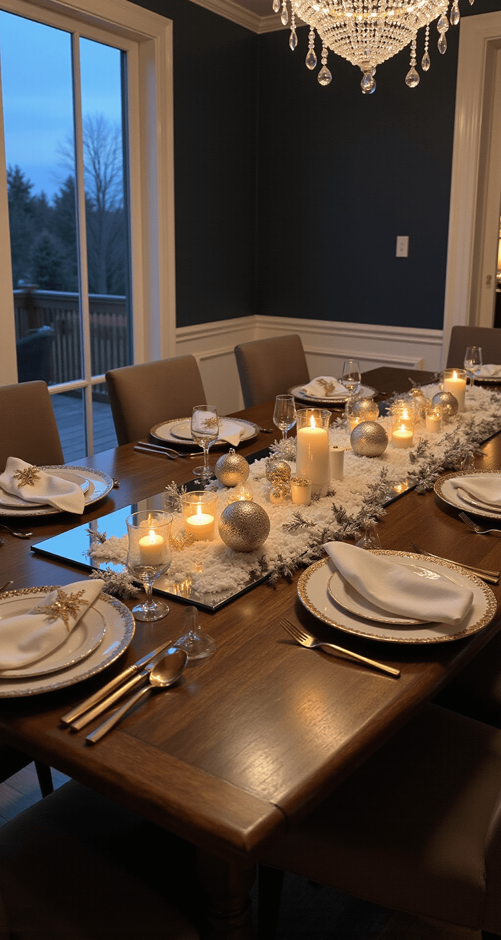White and Gold Christmas Decor: How I Transform My Home Into a Winter Palace An intimate twilight dining room scene featuring a mirrored table runner on a dark walnut table, reflecting warm candlelight from gold-finished votive holders. Faux snow and oversized ornament balls are artfully arranged, with fairy lights creating a magical glow. Elegant place settings with gold-rimmed plates and snowflake napkin rings are visible, all against deep navy walls and white wainscoting, illuminated by a dimmed crystal chandelier. The dusky evening sky is seen through tall windows.