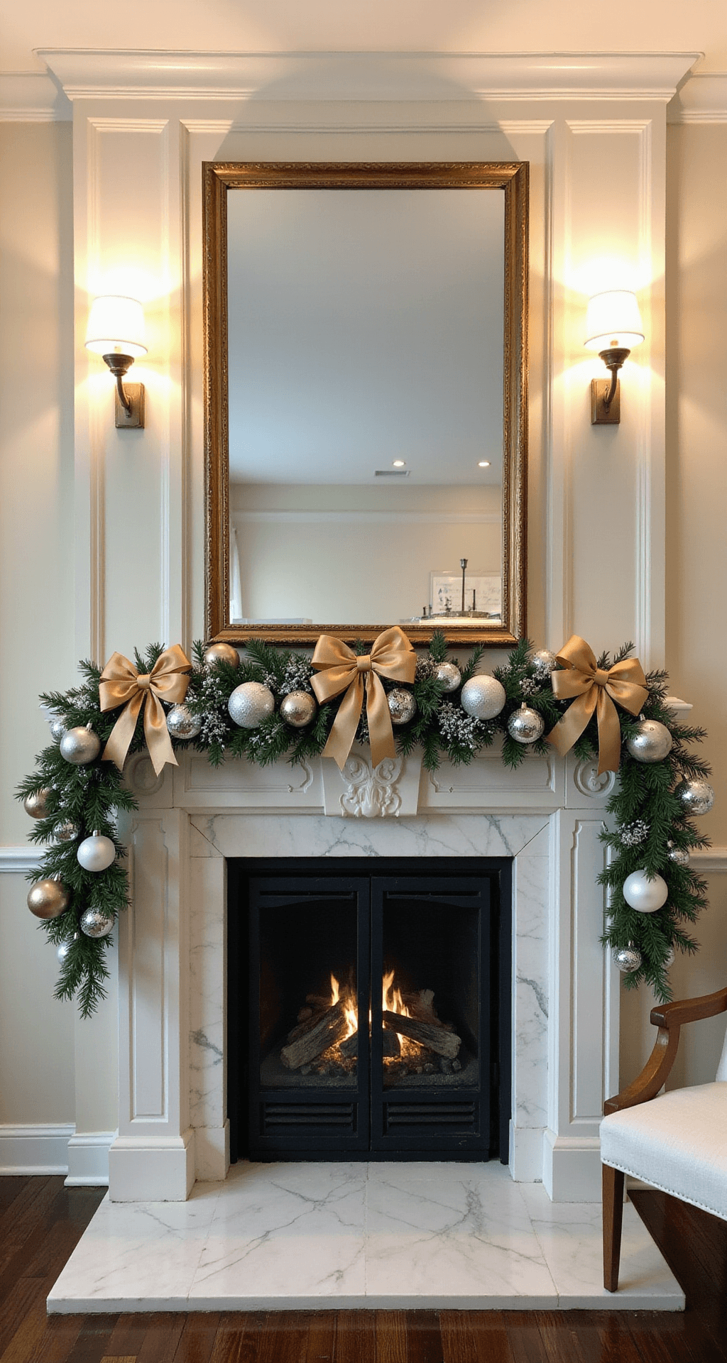 White and Gold Christmas Decor: How I Transform My Home Into a Winter Palace Elegant fireplace mantel decorated for the holidays with evergreen garland, gold bows, and large ornaments, all illuminated by warm light from sconces and a glowing fire.