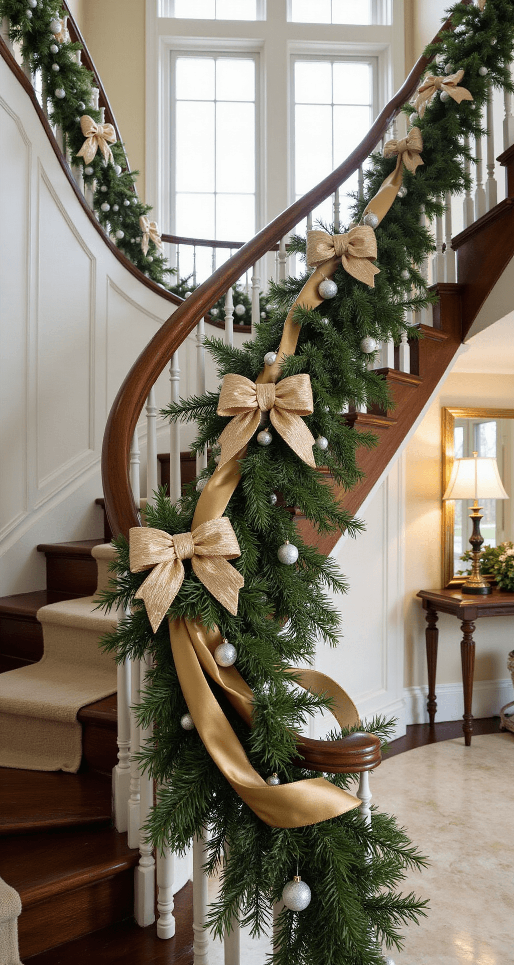 White and Gold Christmas Decor: How I Transform My Home Into a Winter Palace A grand staircase interior adorned with lush evergreen garland, gold velvet ribbon bows, and white snowflake ornaments, captured from the bottom landing with natural light streaming through an upper window, highlighting dark wood details and a warm cream marble entryway.