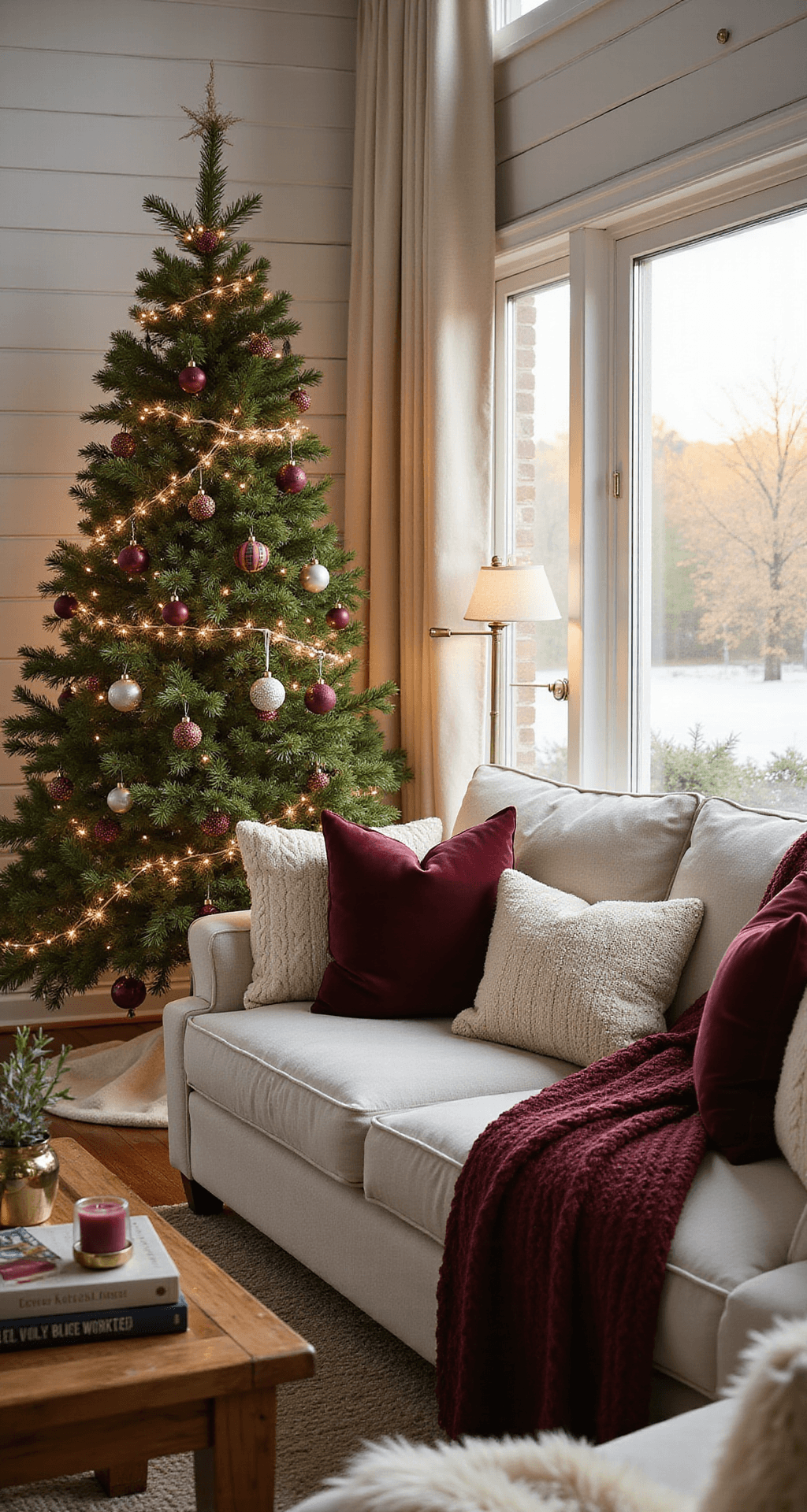 Burgundy Christmas Decor: How I Transformed My Holiday Style From Basic Red to Breathtakingly Elegant Photorealistic cozy living room at golden hour featuring white shiplap walls, dark hardwood floors, a decorated 7-foot Fraser fir Christmas tree, a sectional sofa with festive throw pillows, and a coffee table with books and a candle, all illuminated by soft natural light and warm lamp glow.