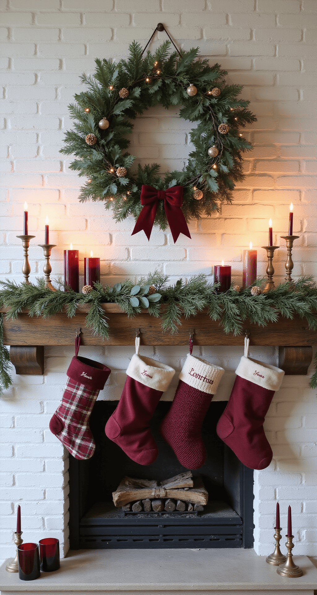 Burgundy Christmas Decor: How I Transformed My Holiday Style From Basic Red to Breathtakingly Elegant Wide-angle view of an elegant fireplace mantel featuring a white brick surround and rustic wood beam, adorned with a dusty eucalyptus garland, burgundy velvet ornaments, cream berry picks, and warm white fairy lights. Oversized burgundy bows accentuate each end, while five personalized stockings hang in alternating patterns. Clusters of burgundy glass votives and brass candlesticks with burgundy tapers add cozy candlelight, creating warm reflections on the mantel in a softly lit evening setting.