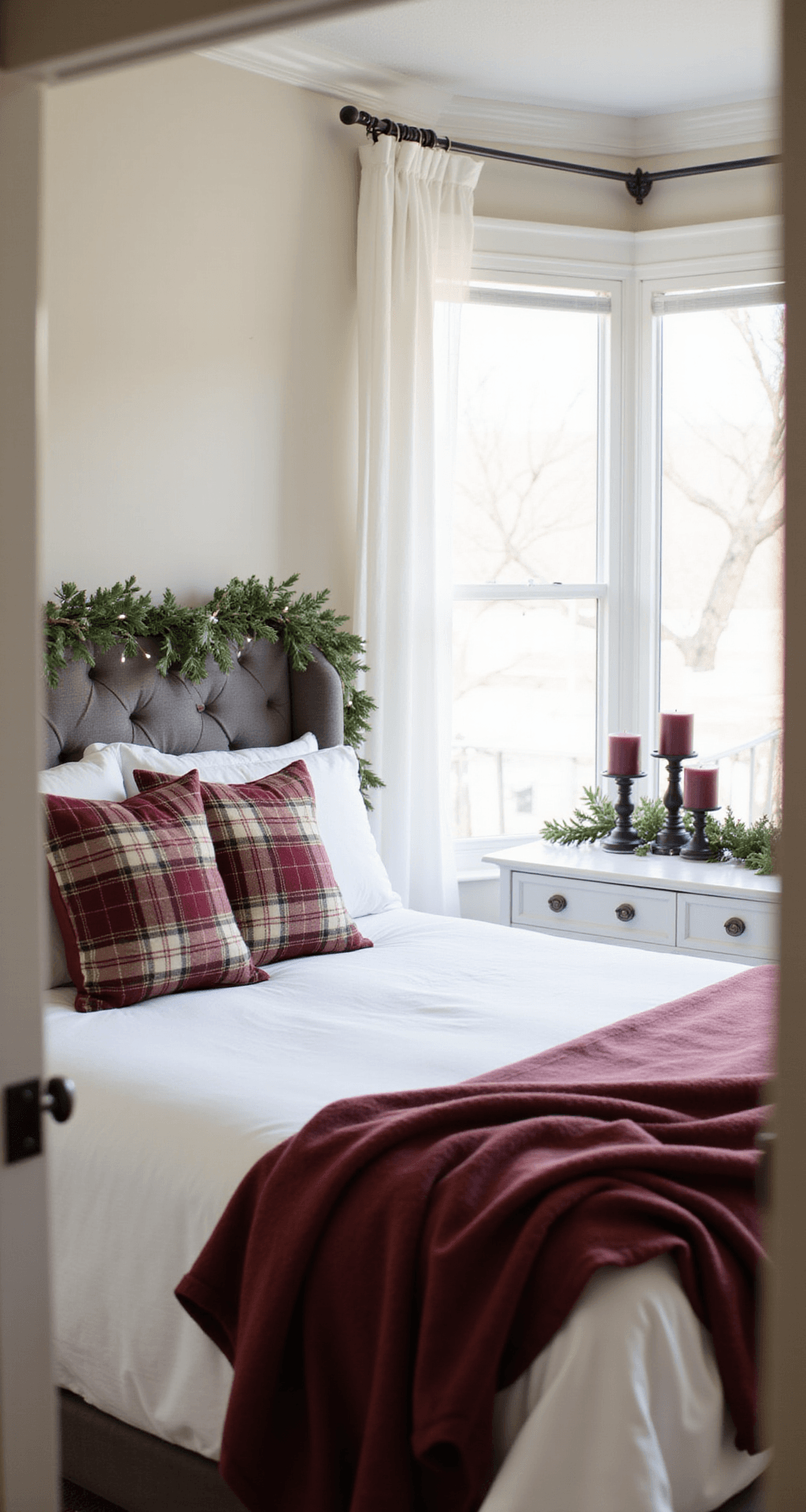 Burgundy Christmas Decor: How I Transformed My Holiday Style From Basic Red to Breathtakingly Elegant Intimate bedroom scene featuring a king bed with white linen bedding and a burgundy velvet throw, a tufted gray headboard adorned with eucalyptus garland and fairy lights, a white oak dresser with burgundy taper candles, and sheer curtains filtering morning light, all creating a serene and cozy atmosphere with holiday touches.