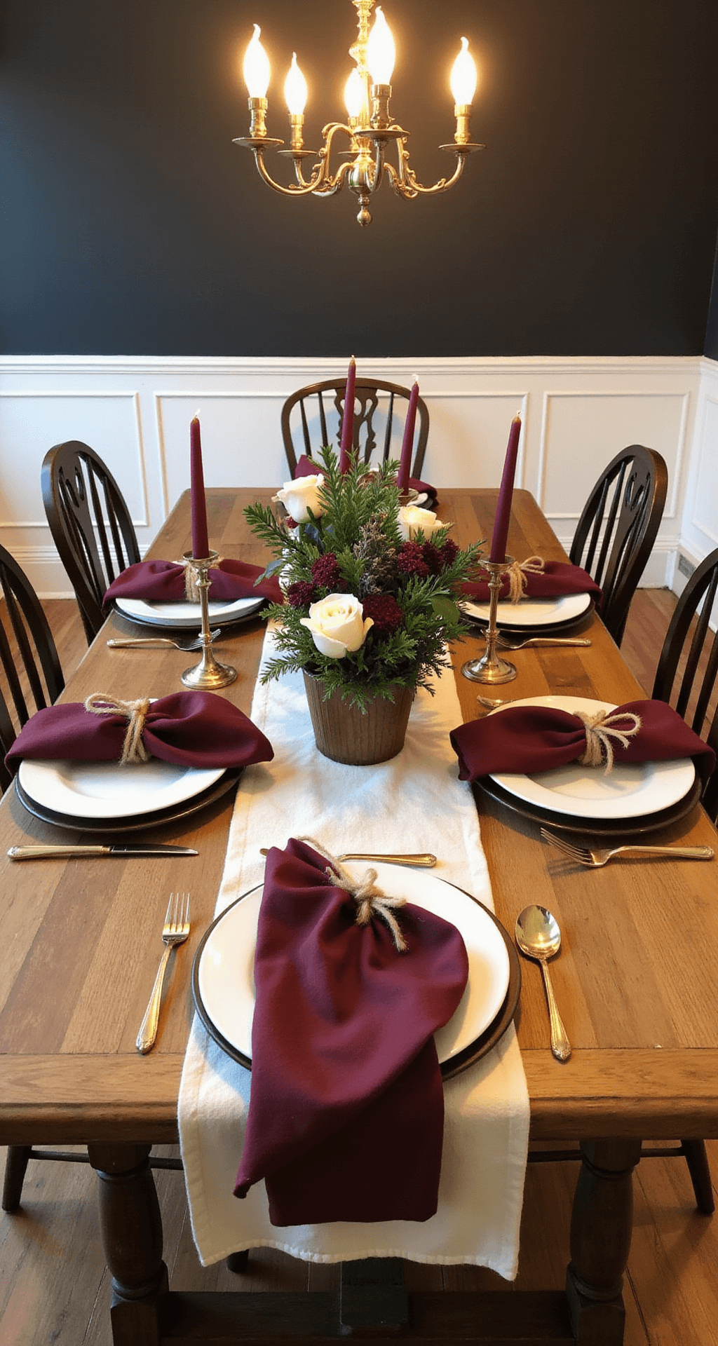 Burgundy Christmas Decor: How I Transformed My Holiday Style From Basic Red to Breathtakingly Elegant Elegant dining room table setting featuring an 8-foot farmhouse table with a cream linen runner, burgundy ceramic chargers, warm gold flatware, and low floral centerpiece. Burgundy taper candles in brass candlesticks provide a warm glow, complemented by Windsor chairs, hardwood floors, and white wainscoting.