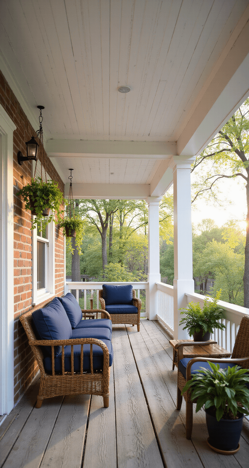 The Cheapest Way to Cover Your Porch Ceiling (Without Making It Look Cheap) Photorealistic image of a covered porch with white vinyl soffit ceiling panels and exposed wooden rafters, featuring comfortable wicker furniture with navy blue cushions on weathered wood flooring, hanging Boston ferns, traditional white porch columns, and an aged brick foundation, all illuminated by soft golden hour morning light with visible steam from a warm coffee cup on a side table.