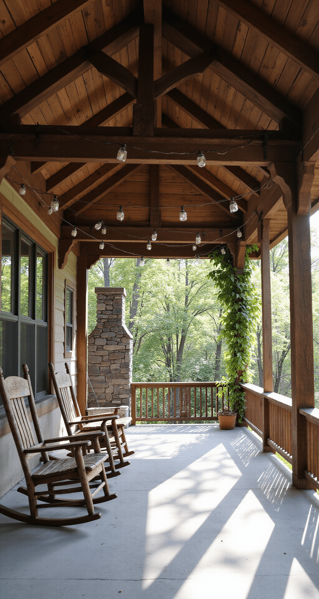 The Cheapest Way to Cover Your Porch Ceiling (Without Making It Look Cheap) Wide angle view of a rustic porch featuring dark walnut-stained wooden rafters, vintage metal rocking chairs on a concrete slab, and mason jar string lights, with sunlight casting dramatic shadows and highlighting wood textures, complemented by a stone chimney and climbing ivy.