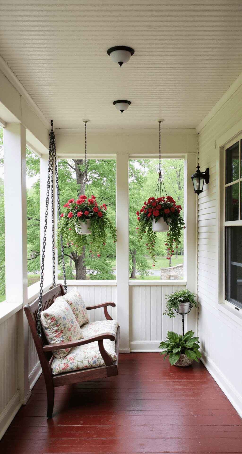 The Cheapest Way to Cover Your Porch Ceiling (Without Making It Look Cheap) Close-up view of a cozy cottage porch featuring a cream-white beaded plywood ceiling with charcoal gray bead details, illuminated by morning light. A traditional porch swing with floral cushions hangs from hooks, surrounded by white wainscoting and hanging planters of trailing geraniums, set against a brick red painted floor.