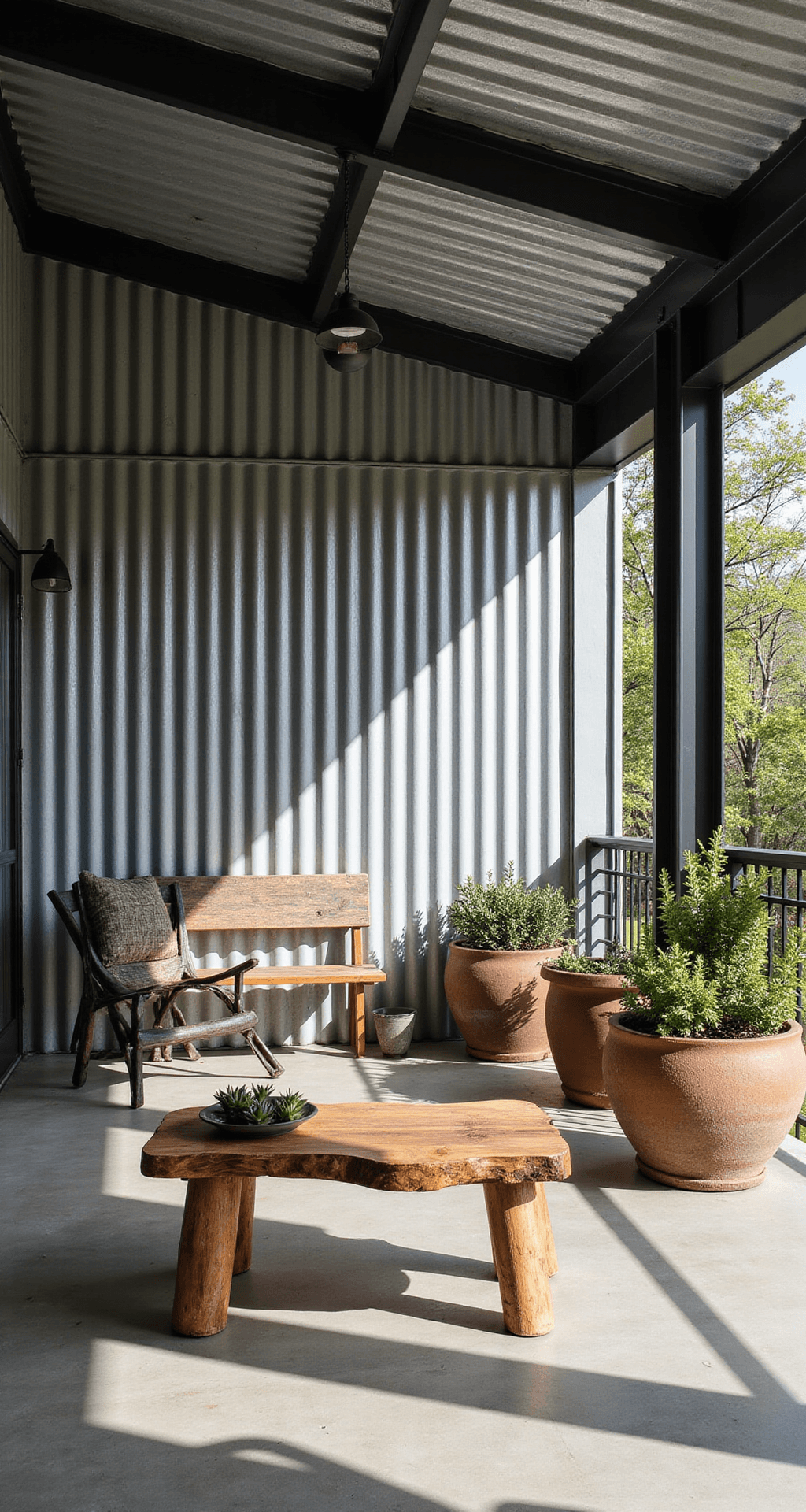 The Cheapest Way to Cover Your Porch Ceiling (Without Making It Look Cheap) Modern farmhouse porch with corrugated galvanized steel ceiling panels, rustic wooden furniture, and geometric ceiling lines, featuring high contrast lighting and warm wood accents in a cool gray color palette.