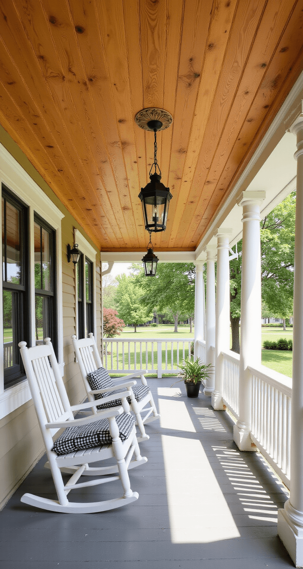The Cheapest Way to Cover Your Porch Ceiling (Without Making It Look Cheap) Intimate view of a honey oak stained pine tongue and groove ceiling with glowing golden tones, white rocking chairs with gingham cushions on gray floorboards, vintage lantern light fixtures, and white columns with decorative brackets, all illuminated by soft morning light.