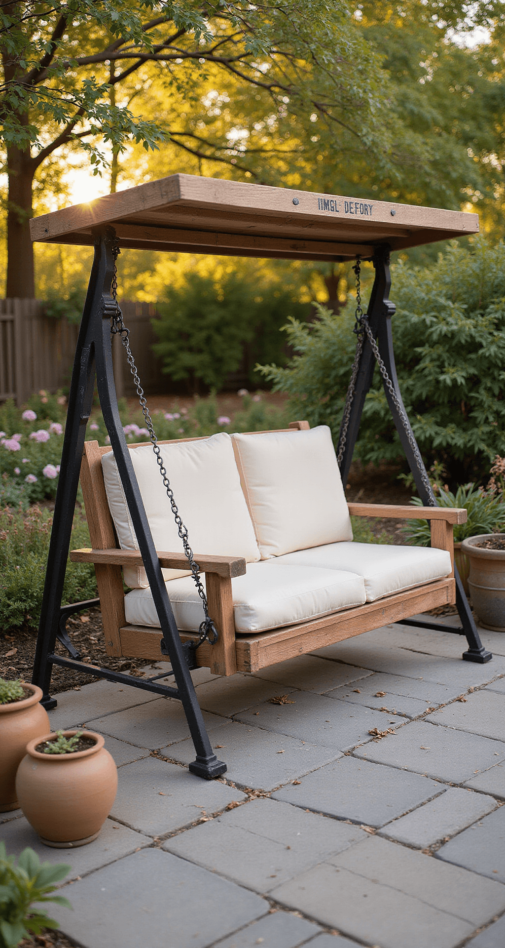 Free Standing Porch Swing: Everything You Need to Know Before You Buy One A rustic wooden porch swing with a black metal frame on a stone patio, surrounded by a lush garden at golden hour, featuring warm sunlight, cream-colored cushions, terracotta planters, and scattered autumn leaves.