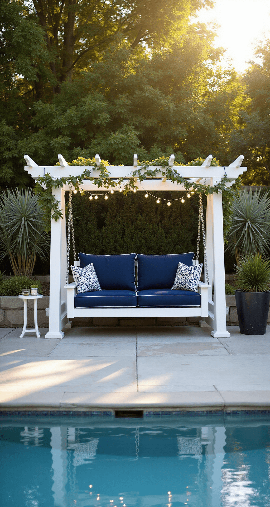 Free Standing Porch Swing: Everything You Need to Know Before You Buy One An elegant poolside setting with a white free-standing swing under a pergola adorned with ivy and string lights, surrounded by plush navy blue cushions, a crystal-clear swimming pool, and framed by potted palms, captured in late afternoon light.