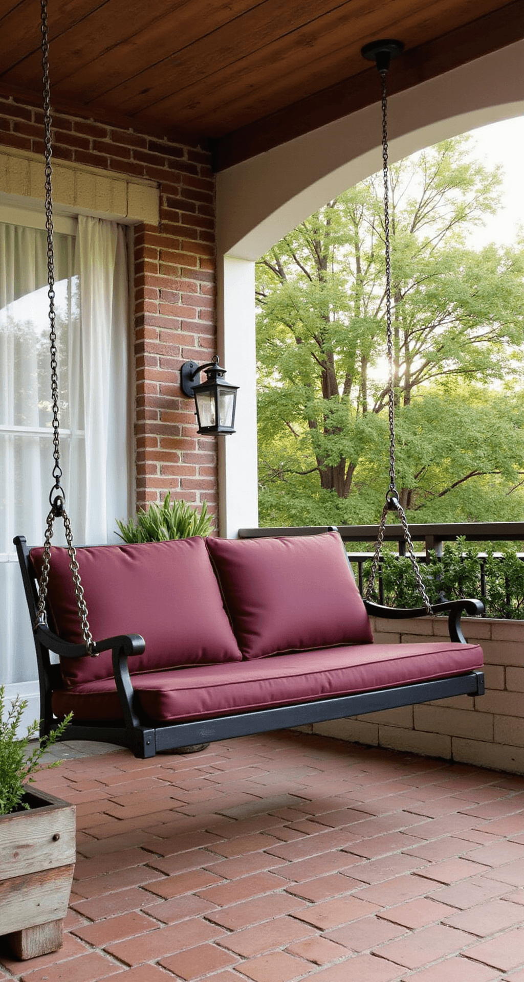 Free Standing Porch Swing: Everything You Need to Know Before You Buy One A cozy covered patio corner featuring a heavy-duty steel swing with deep burgundy cushions on warm brick flooring, surrounded by weathered wooden planters filled with herbs, a vintage metal lantern, and gauzy white curtains, all bathed in soft morning light.