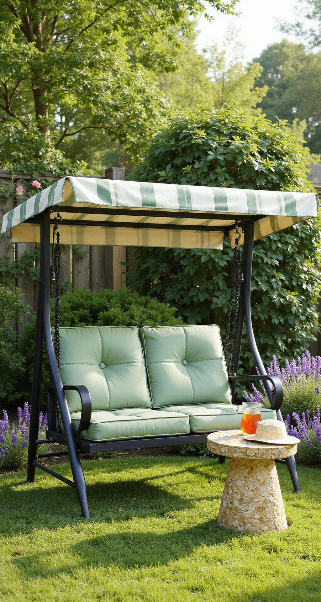 Free Standing Porch Swing: Everything You Need to Know Before You Buy One A sunlit backyard garden featuring a swing with a retractable canopy over sage green cushions, surrounded by vibrant flowers and climbing roses, with a small table holding iced tea and a straw hat, while butterflies flutter near lavender bushes.