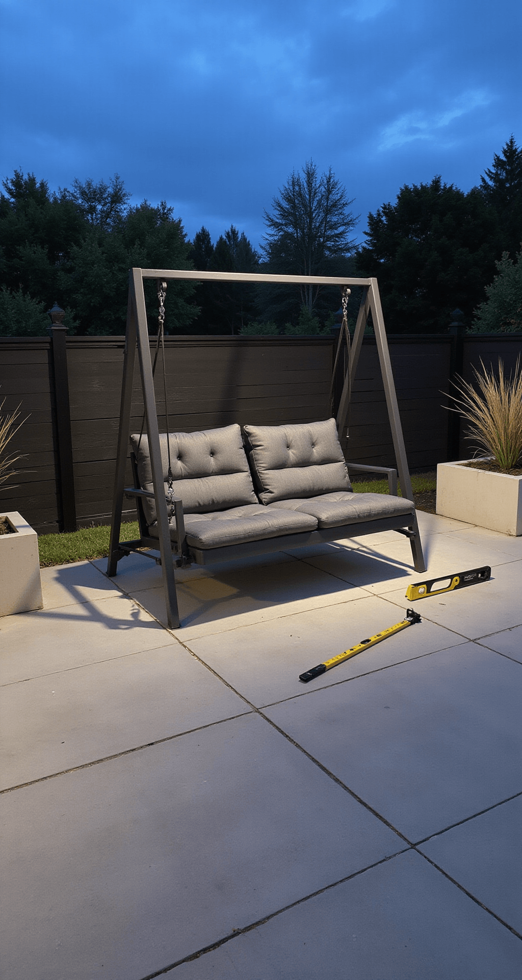 Free Standing Porch Swing: Everything You Need to Know Before You Buy One A modern minimalist patio at twilight featuring a sleek aluminum swing with geometric patterned charcoal gray cushions on perfectly laid concrete pavers, accompanied by measuring tools and a level, framed by contemporary planters and illuminated by architectural lighting.