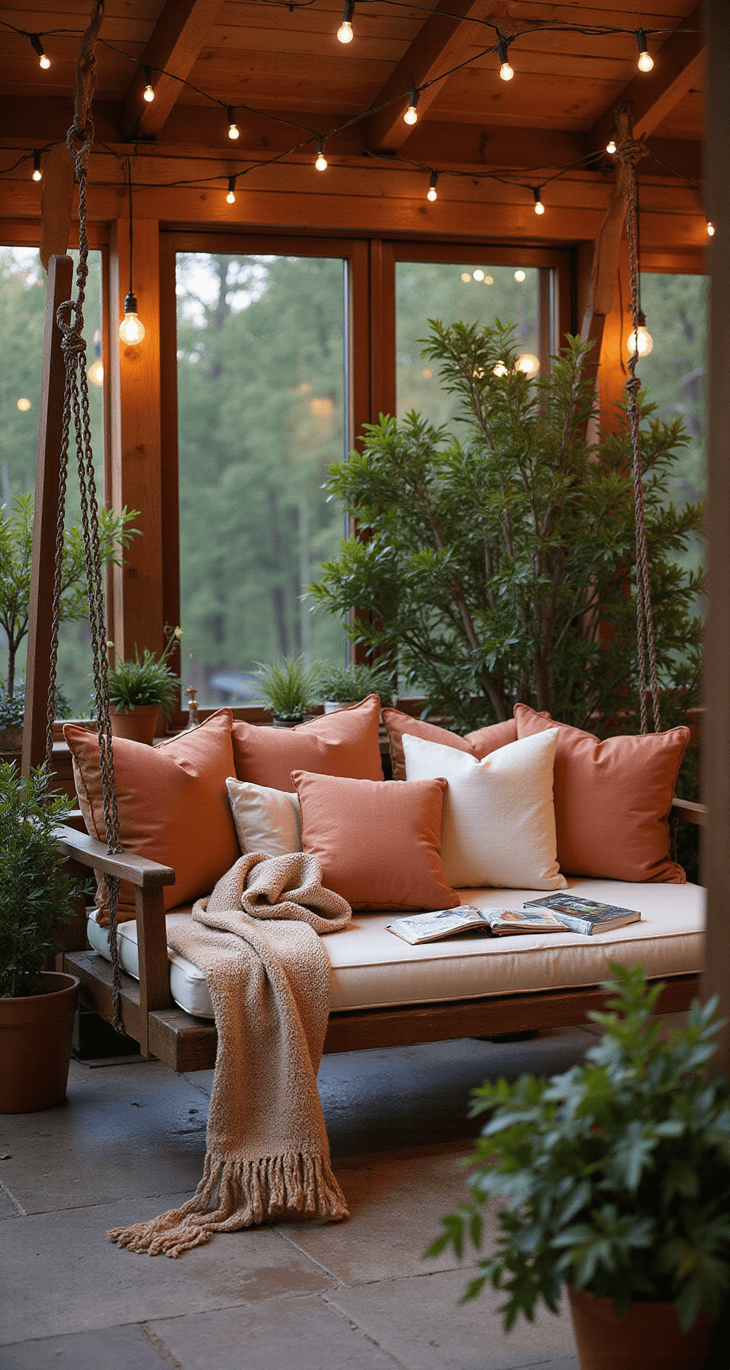 Free Standing Porch Swing: Everything You Need to Know Before You Buy One A cozy three-season room featuring a family-sized swing adorned with terracotta and cream cushions, surrounded by children's books and soft throws, illuminated by string lights, with potted citrus trees and hanging plants enhancing the indoor-outdoor ambiance.