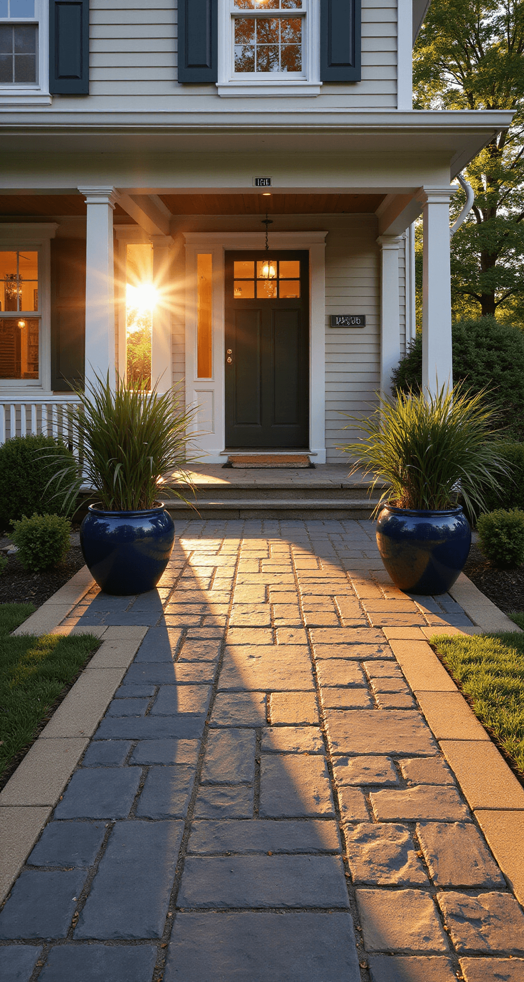 Front Porch Landscaping: How I Transformed My Boring Entrance Into Everyone's Favorite House on the Block Photorealistic view of a traditional front porch during golden hour, showcasing a charcoal stone walkway bordered by sandstone edges, white columns, dark shutters, and a deep forest green wooden front door, with navy blue planters filled with tall fountain grass, all bathed in warm amber sunlight.