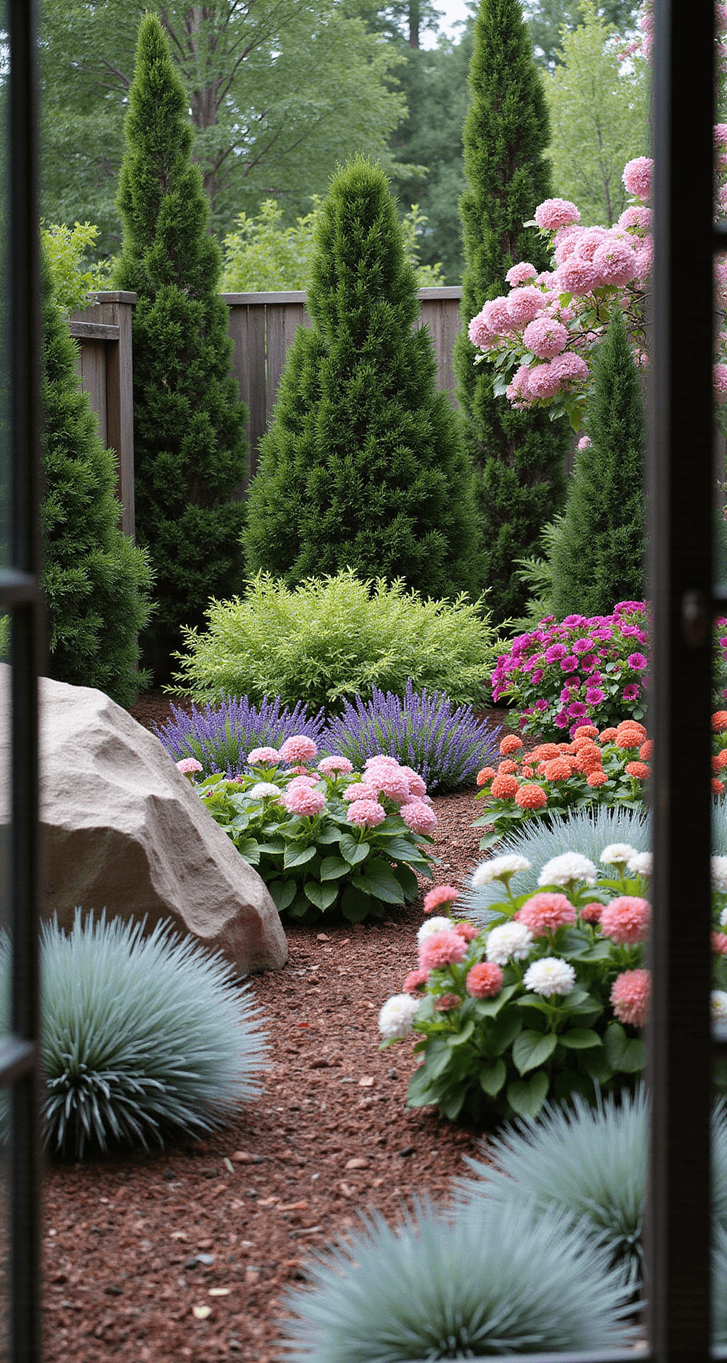 Front Porch Landscaping: How I Transformed My Boring Entrance Into Everyone's Favorite House on the Block Close-up view of a three-layer plant landscaping system in an interior courtyard featuring mature dwarf Alberta spruce evergreens, blooming pink hydrangeas, and vibrant annual petunias, with rich chocolate-brown mulch and a decorative limestone boulder, all illuminated by soft mid-morning light.
