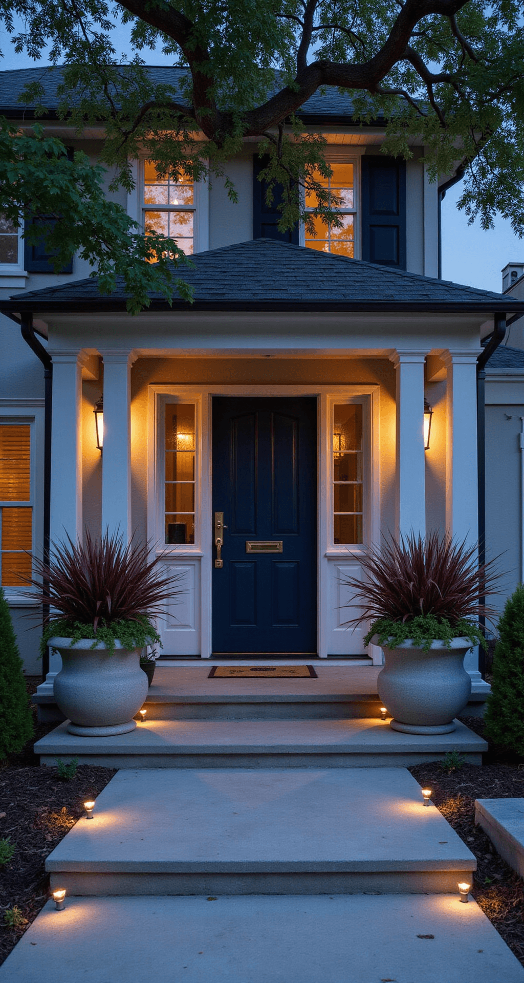 Front Porch Landscaping: How I Transformed My Boring Entrance Into Everyone's Favorite House on the Block Elegant symmetrical front porch scene at blue hour, featuring a midnight navy entrance door framed by oversized gray concrete planters overflowing with burgundy cabbage, ivy, and bronze grass, with uplighting on a mature oak tree, solar path lights casting amber light on a stone walkway, and a tiered water fountain on the side, all creating an upscale evening atmosphere.