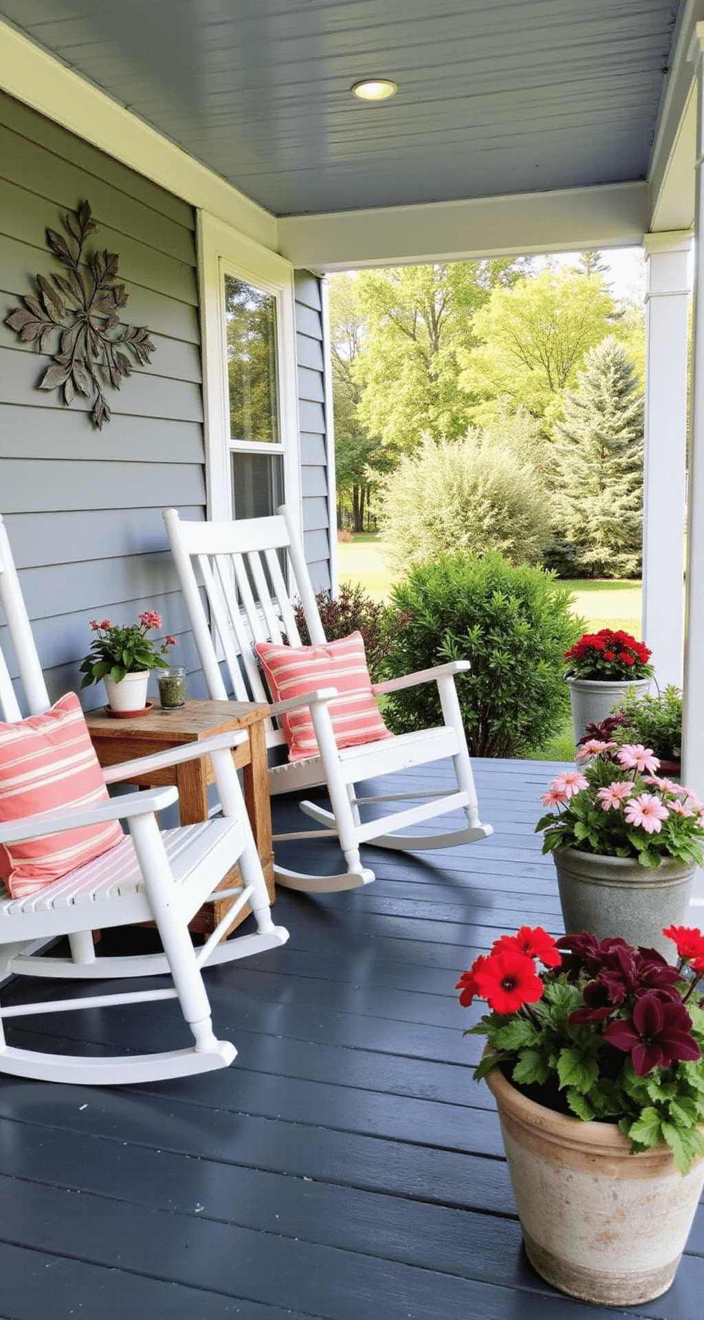 Front Porch Landscaping: How I Transformed My Boring Entrance Into Everyone's Favorite House on the Block Cozy front porch featuring two white rocking chairs with striped pillows, a rustic side table with a succulent, and layered container gardens, framed by white columns and soft blue-gray ceiling, under natural dappled lighting.