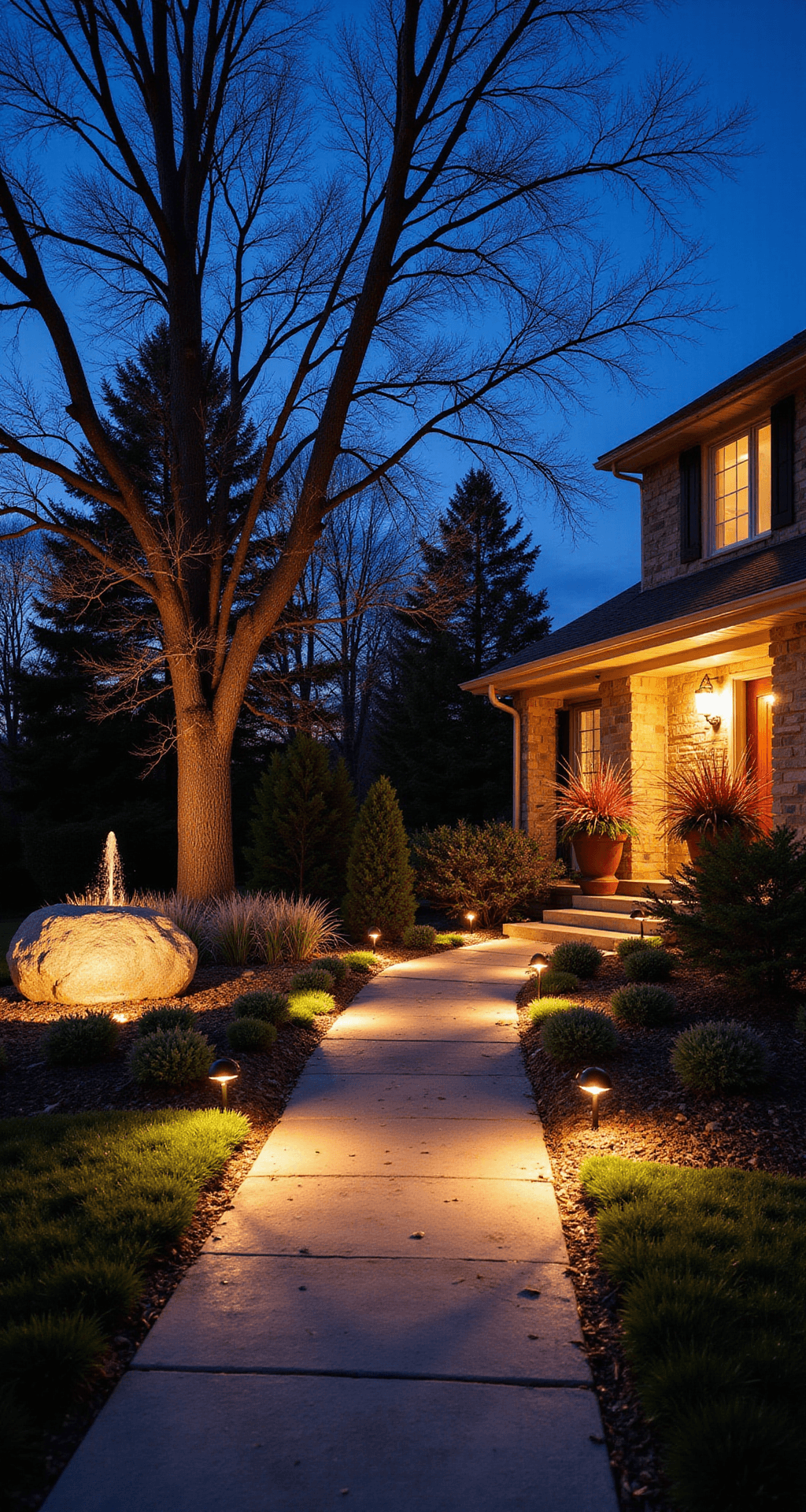 Front Porch Landscaping: How I Transformed My Boring Entrance Into Everyone's Favorite House on the Block A captivating nighttime landscape showcasing a transformed front yard with dramatic uplighting, illuminated ornamental grasses, a glowing fountain, and warm solar path lights along a stone walkway, all under a deep blue twilight sky.
