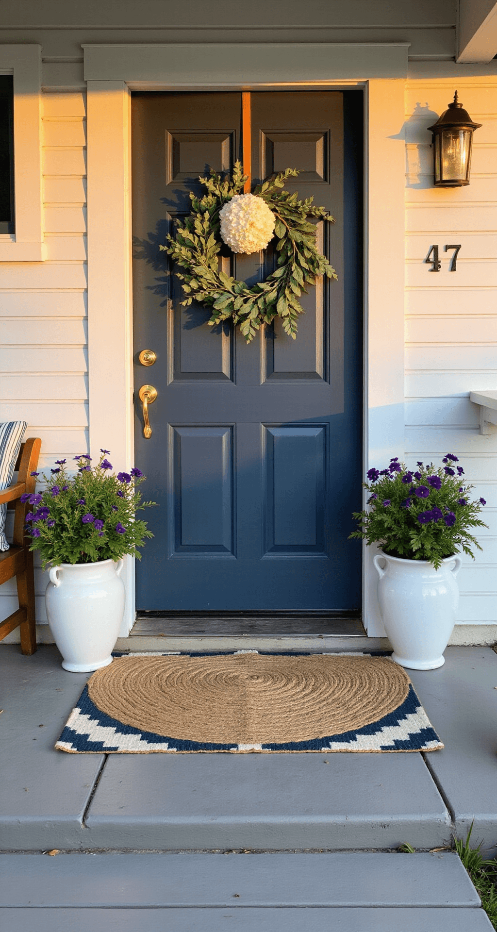 Small Front Porch Decorating Ideas That Actually Work A cozy front porch at golden hour features a navy blue front door, a seasonal wreath, white ceramic planters with ivy and petunias, a jute rug with a geometric mat, and a weathered teak bench with a striped cushion, all illuminated by warm amber sunlight.