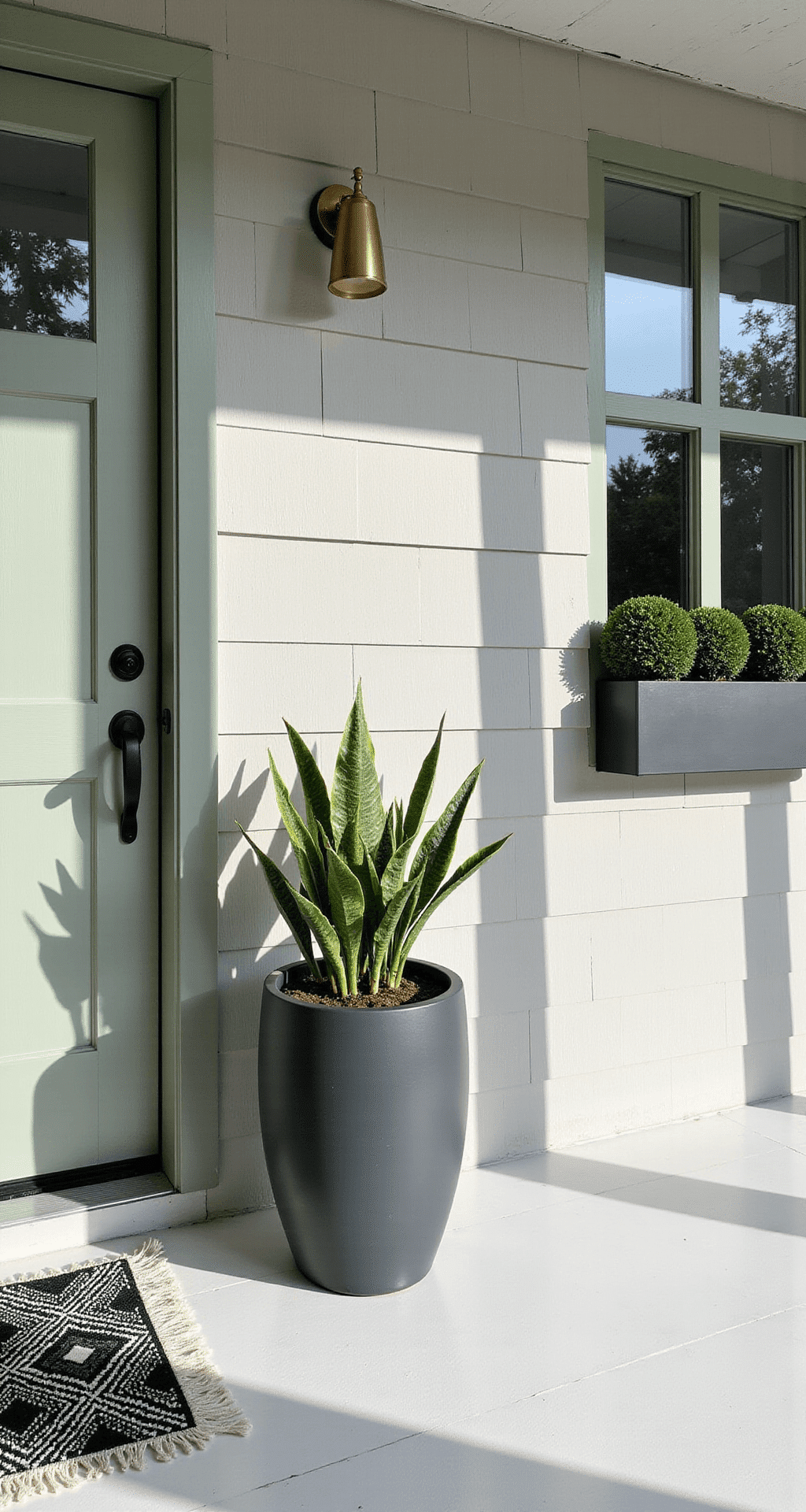 Small Front Porch Decorating Ideas That Actually Work Close-up view of a minimalist porch featuring white subway tile flooring, a sage green front door with black hardware, charcoal grey planter with snake plant and pothos, black and white geometric rug, and a brass porch light, all bathed in bright morning light.