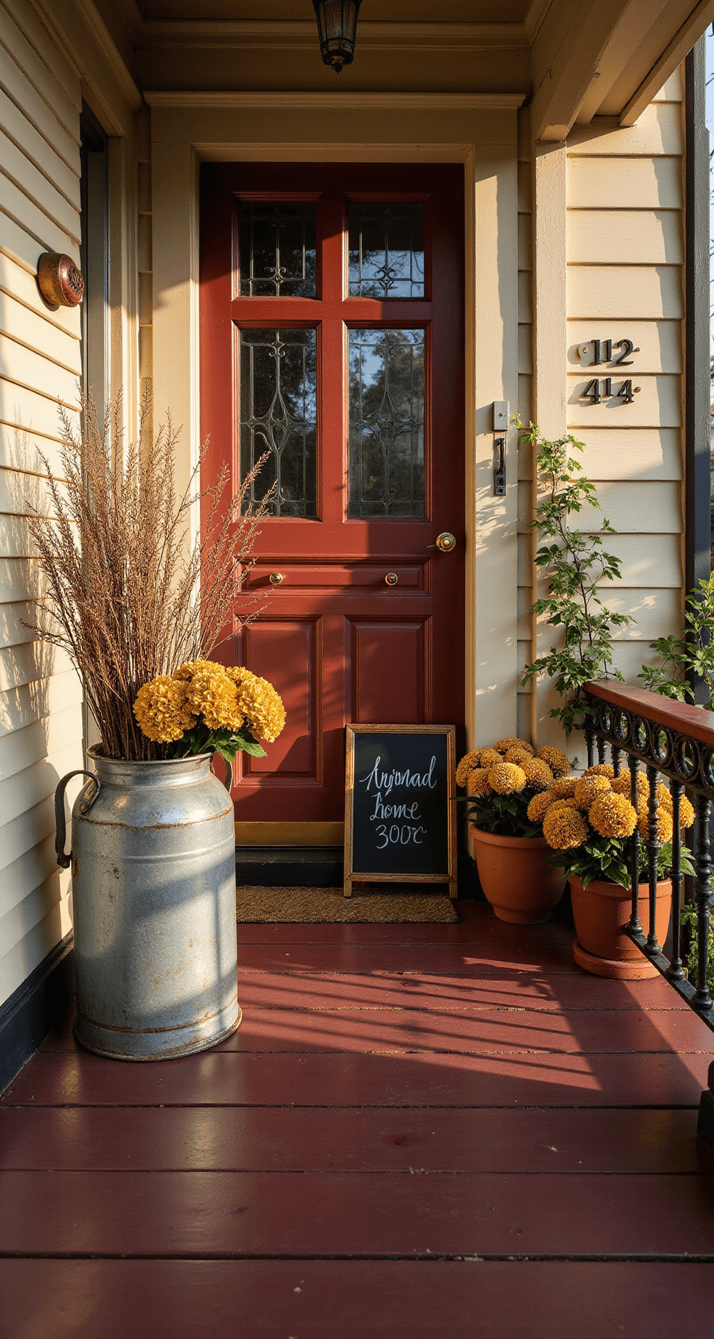 Small Front Porch Decorating Ideas That Actually Work Full frame image of a Victorian-era porch with golden light illuminating burgundy wooden floorboards, a restored mahogany door with beveled glass, vintage milk can with branches, terracotta pots with autumn mums, and an ornate cast iron railing covered in ivy, creating a warm, inviting atmosphere.