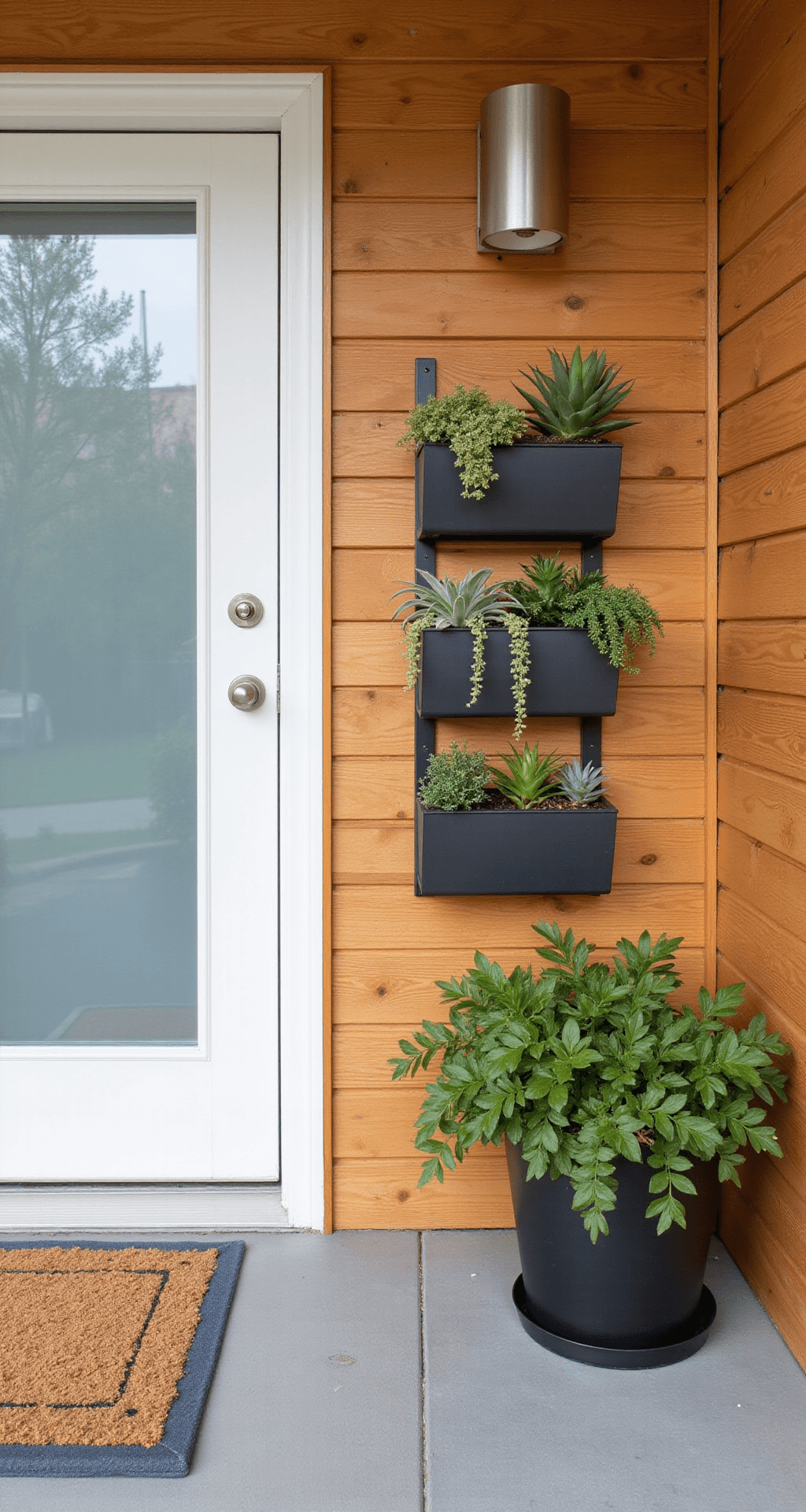 Small Front Porch Decorating Ideas That Actually Work Elevated view of a modern 3x6 foot porch featuring smooth grey stamped concrete flooring, a sleek white front door with frosted glass, asymmetrically arranged black metal planters with succulents, a geometric coir doormat, and brushed aluminum solar wall sconces, set against horizontal cedar siding.
