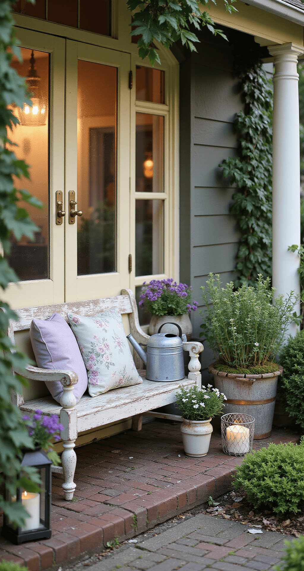 Small Front Porch Decorating Ideas That Actually Work Charming cottage-style front porch with herringbone brick flooring and moss, featuring a pale yellow front door, weathered white bench with floral cushions, and vintage planters overflowing with garden plants, all softly lit by hurricane lanterns during golden hour.