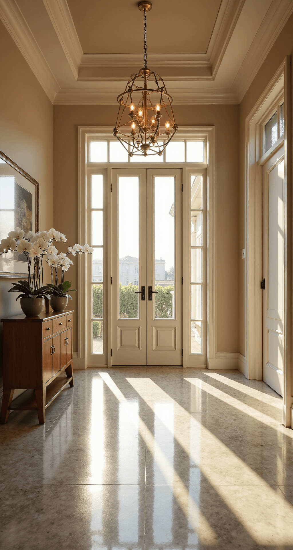 How to Transform Your Home's Entrance Into Something People Actually Stop and Stare At Photorealistic interior of a grand two-story foyer with an eight-foot tall front door and frosted glass sidelights, featuring polished marble floors, a modern brass chandelier, and rich walnut console table with white orchids, under warm cream walls with wainscoting, viewed from the living room entrance during golden hour.