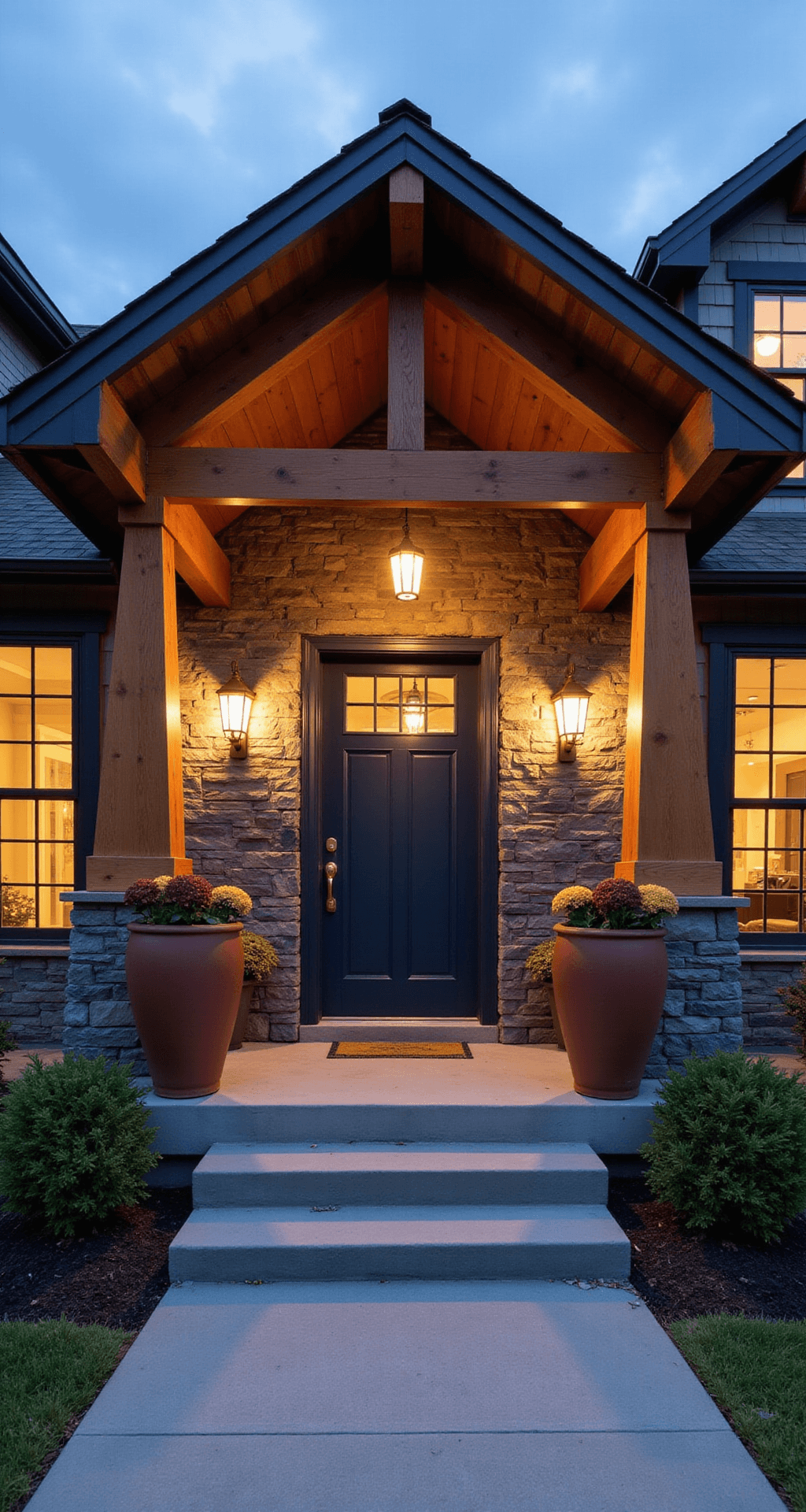 How to Transform Your Home's Entrance Into Something People Actually Stop and Stare At Photorealistic exterior of a covered front porch at dusk featuring custom tapered columns, a shed-style roof with cedar beams, a deep navy blue front door, and terracotta planters with burgundy and gold mums. Stone veneer accent wall in charcoal gray, warm LED wall sconces, and copper roofing with patina add to the cozy atmosphere illuminated by twilight and warm interior light.
