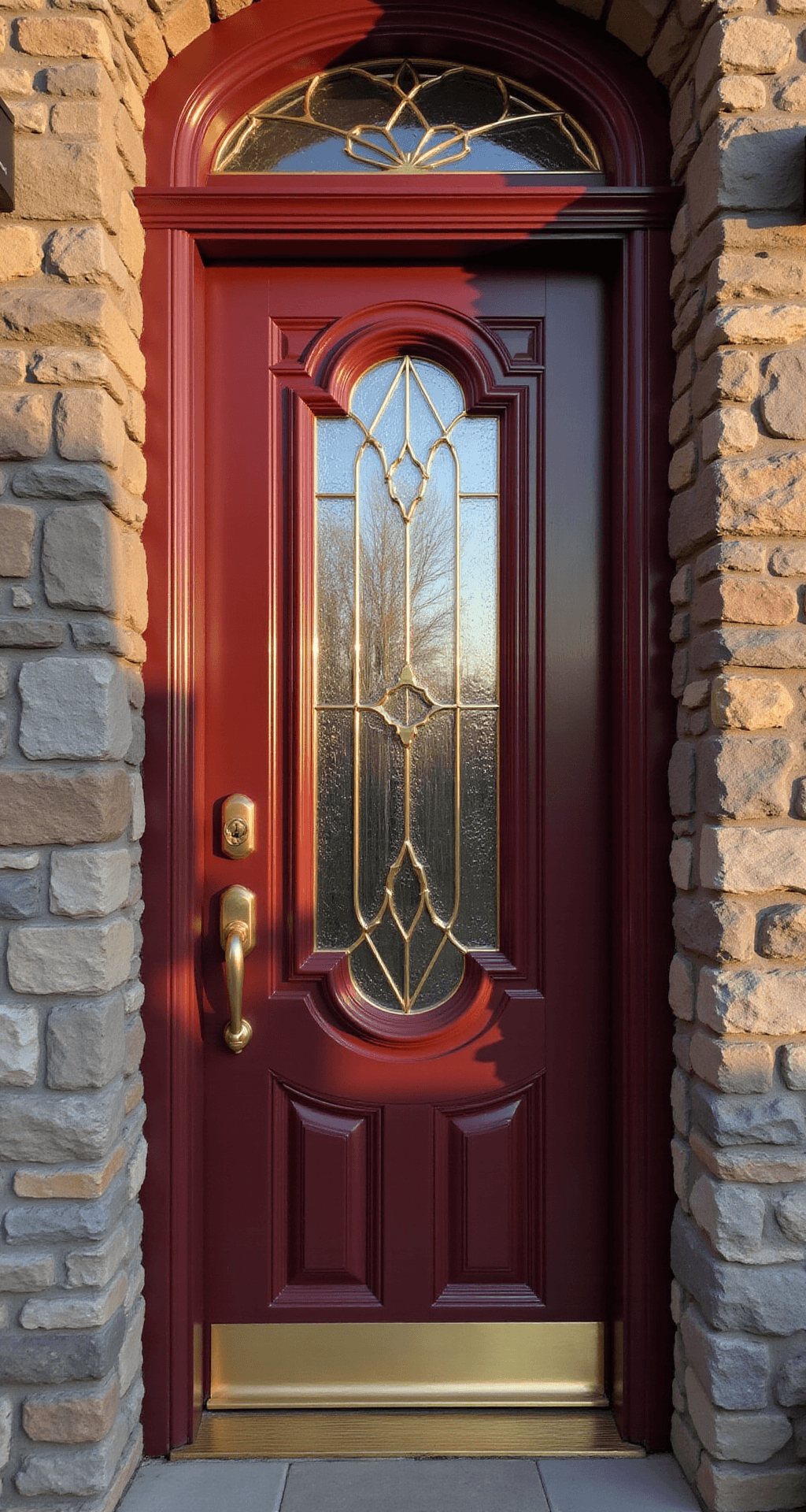 How to Transform Your Home's Entrance Into Something People Actually Stop and Stare At Photorealistic close-up of a burgundy front door with diamond-patterned leaded glass, featuring oversized brass hardware and framed by warm gray stone veneer, illuminated by golden afternoon sunlight.