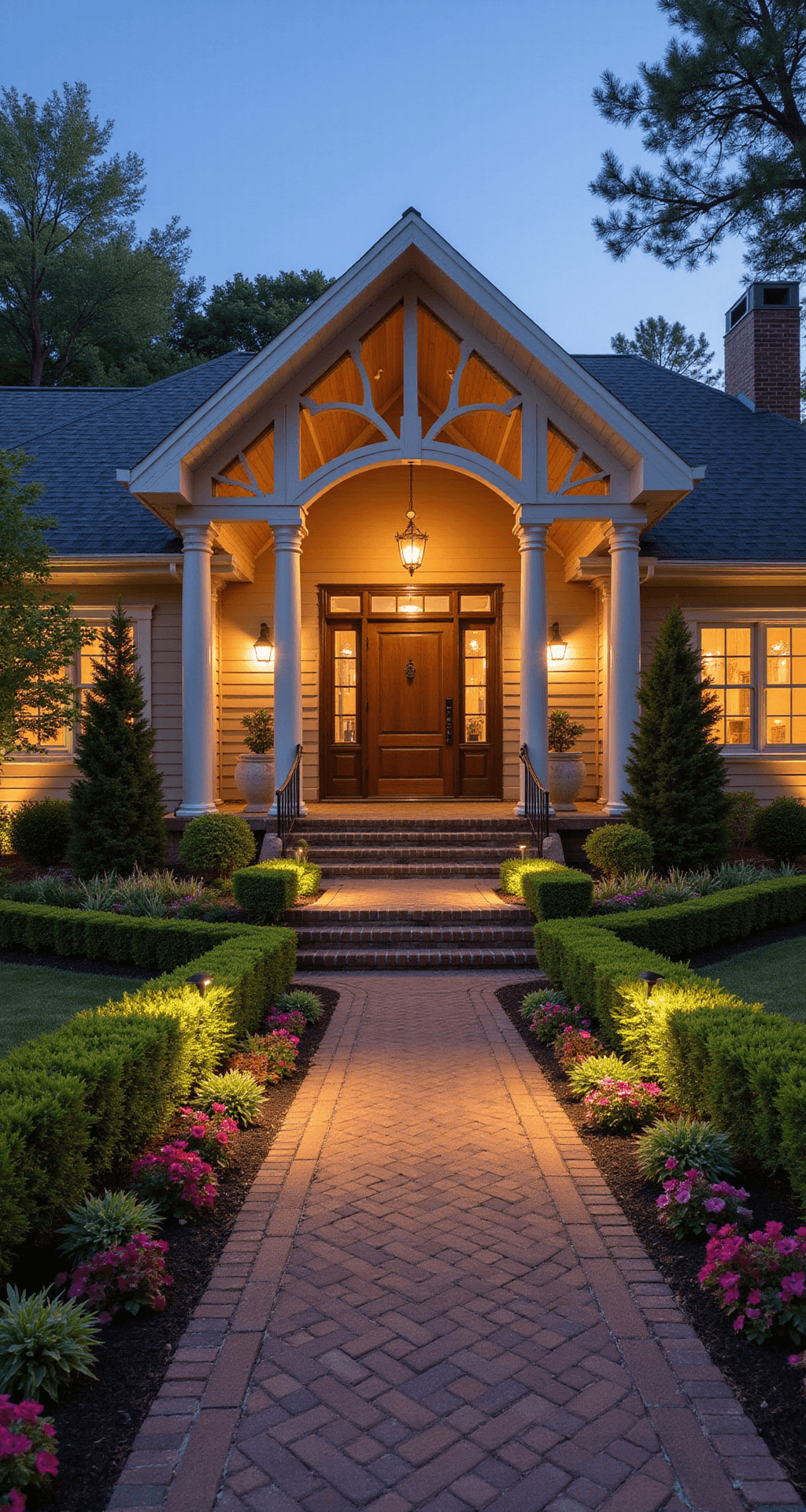 How to Transform Your Home's Entrance Into Something People Actually Stop and Stare At Photorealistic wide shot of a transformed home entrance at sunset, featuring arched trusses, a welcoming porch with custom wrapped posts, and illuminated landscaping, including mature plantings and border gardens with boxwood hedges and colorful annuals, all captured from street view with golden hour lighting.