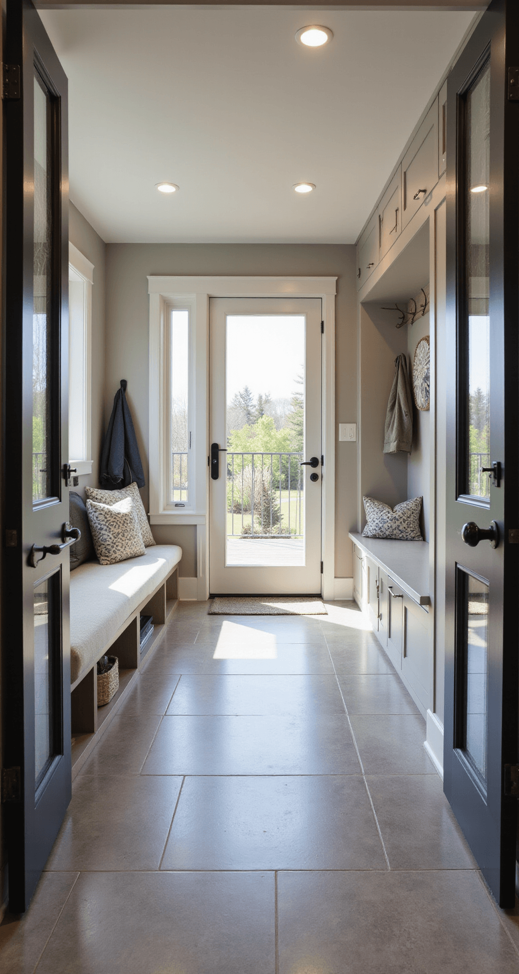 How to Transform Your Home's Entrance Into Something People Actually Stop and Stare At Photorealistic entrance hall featuring universal design elements, including a level threshold, wide doorway, matte black lever door hardware, warm gray large format tile flooring, built-in bench seating with hidden storage, organized hooks and cubbies, and abundant natural light from sidelights, captured in bright morning lighting.