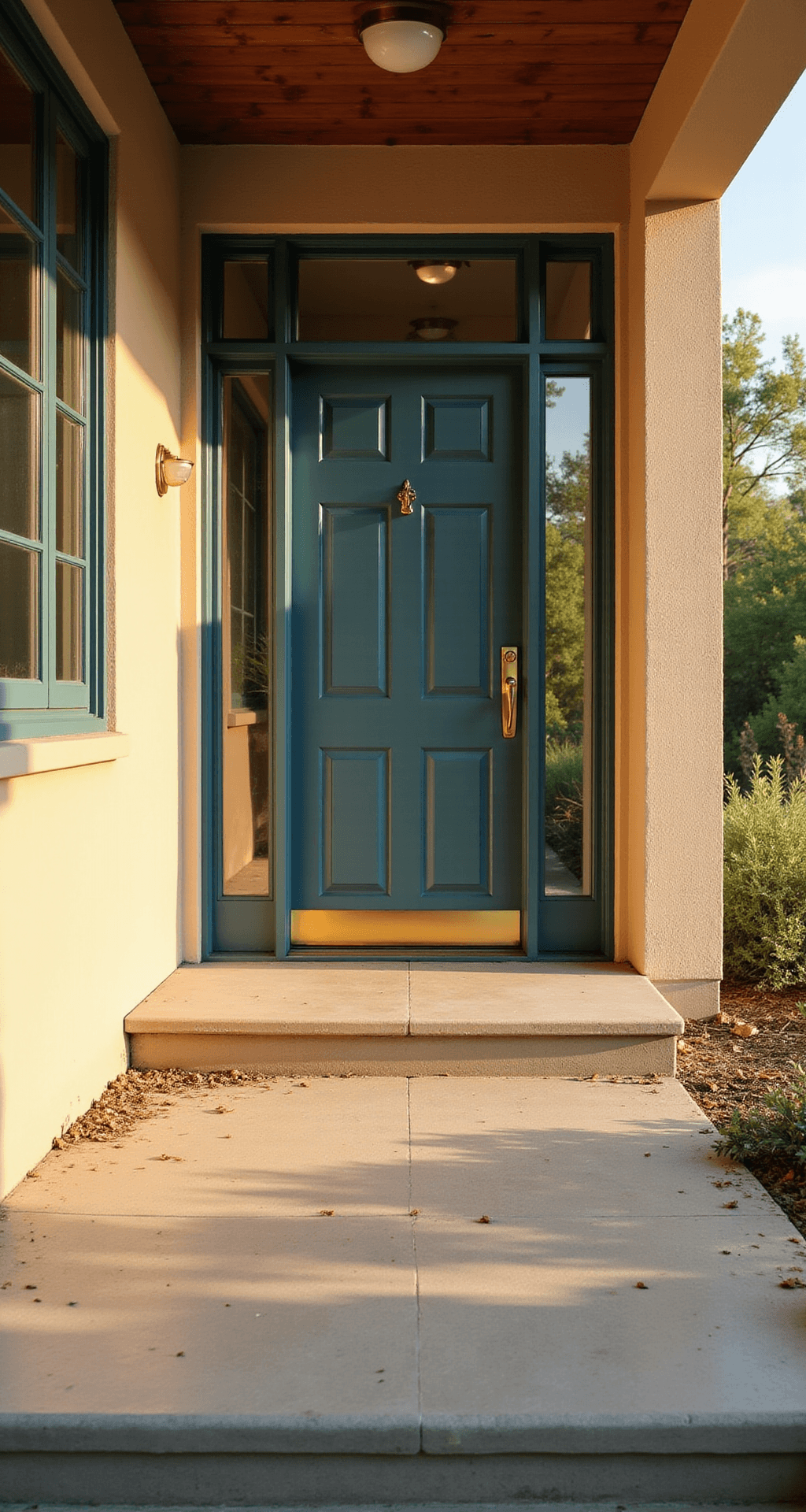 Small Front Porch Decorating: How I Learned to Love My Tiny 6x4 Space Photorealistic front porch during golden hour featuring pristine concrete flooring, a deep teal front door with brushed gold hardware, sparkling brass light fixtures, and crystal-clear windows, all illuminated by warm honey-colored sunlight.