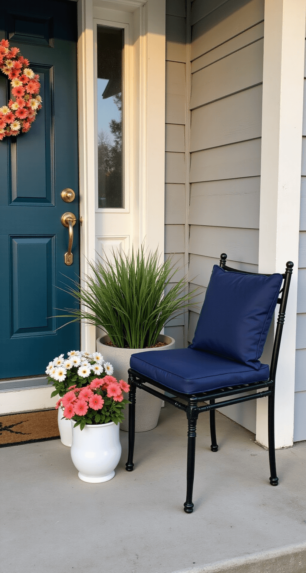 Small Front Porch Decorating: How I Learned to Love My Tiny 6x4 Space Intimate front porch scene featuring a small black wrought iron bistro set with navy blue cushions, three clustered planters with ornamental grass and seasonal petunias in coral and white, and a deep teal front door adorned with a seasonal wreath, all bathed in soft morning light.