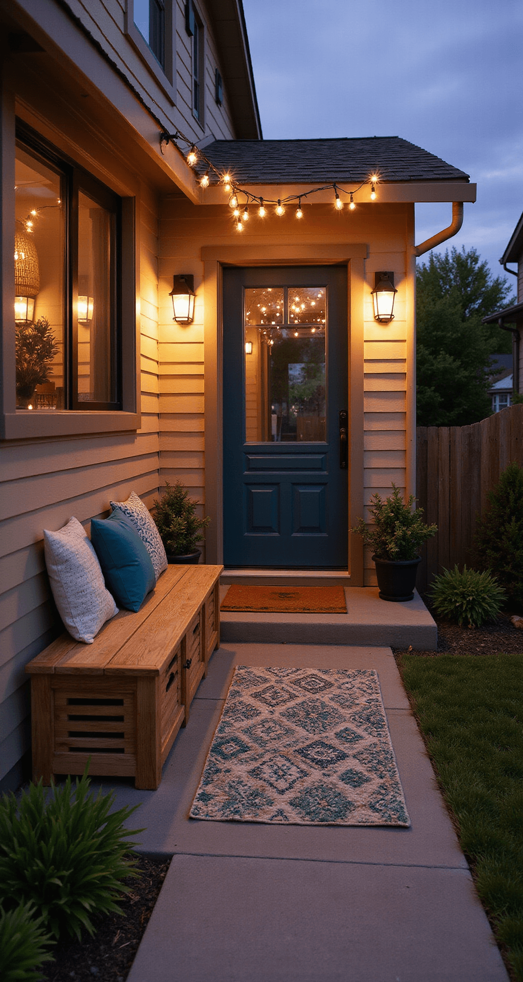 Small Front Porch Decorating: How I Learned to Love My Tiny 6x4 Space Cozy front porch at twilight featuring a geometric outdoor rug, wooden storage bench with teal and cream throw pillows, solar string lights casting a warm glow, and a deep teal front door, all set against a soft purple-blue sky.