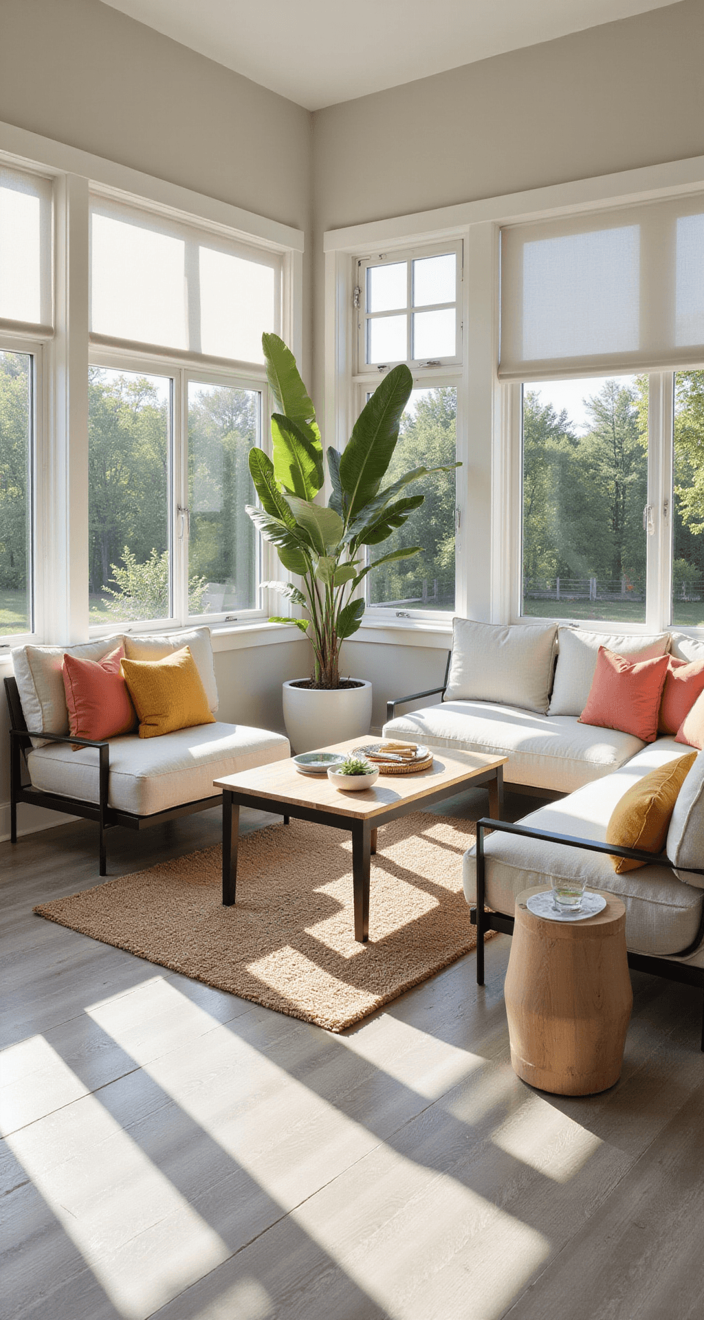 Sunroom Design Ideas That'll Make You Want to Ditch Your Living Room Photorealistic interior of a modern sunroom with floor-to-ceiling windows, featuring a neutral color scheme, a black sectional sofa, light wood coffee table, and vibrant throw pillows, all illuminated by soft afternoon sunlight.