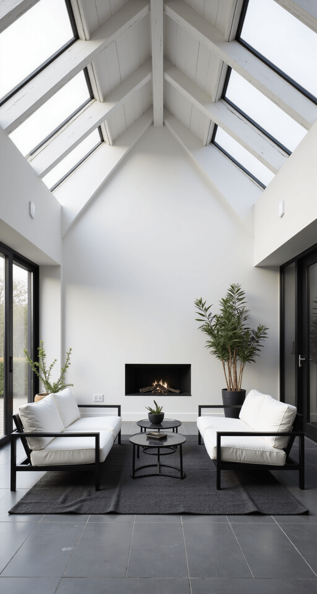 Sunroom Design Ideas That'll Make You Want to Ditch Your Living Room Photorealistic interior of a monochrome modern sunroom featuring a cathedral ceiling, exposed white beams, large skylights, charcoal gray tile flooring, and black metal furniture with white upholstery, arranged around a linear black electric fireplace, accented by a snake plant and recessed lighting, all in a gallery-like, sophisticated ambiance.