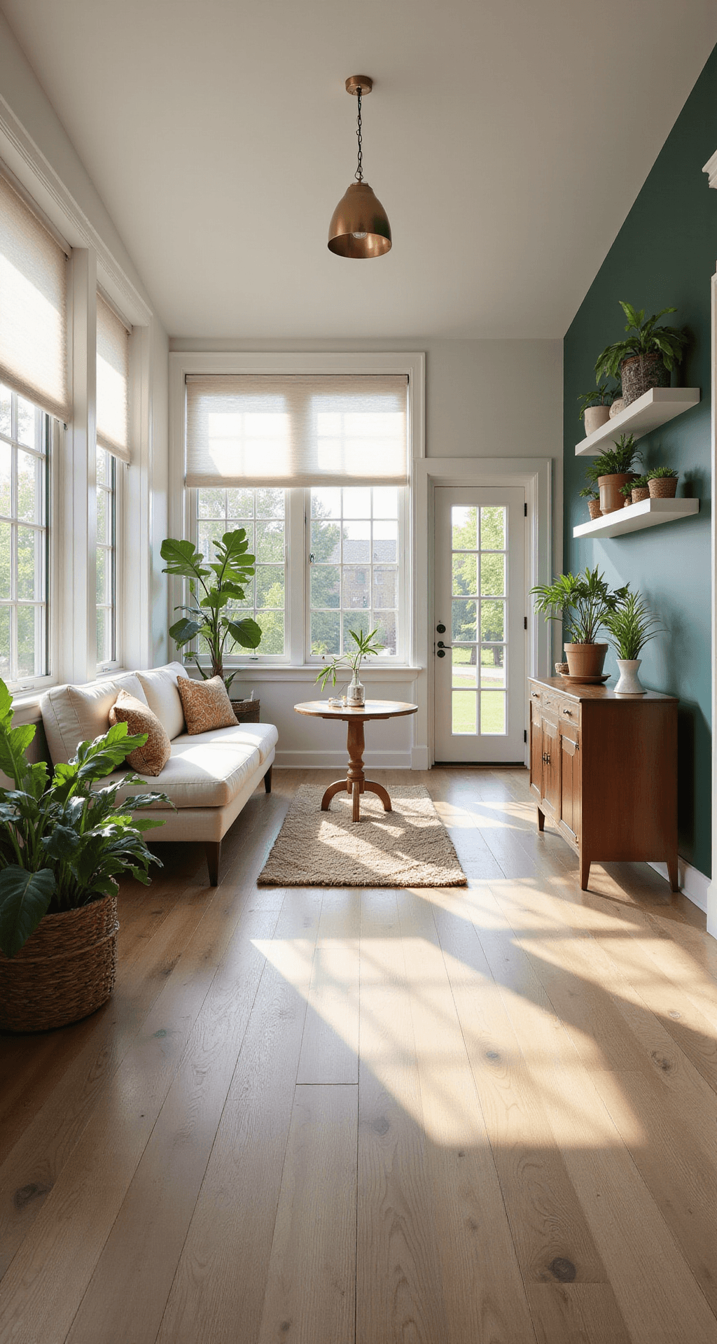 Sunroom Design Ideas That'll Make You Want to Ditch Your Living Room Photorealistic interior of a narrow sunroom transformed into a spacious retreat, featuring deep forest green accent wall, bright white walls, natural light oak flooring, cream loveseats angled towards each other, a slim walnut console table, a white oak round pedestal dining table, brass pendant light, plants on floating shelves, beige natural fiber runner rug, large windows with cellular shades, and warm late morning sunlight creating an inviting ambiance.