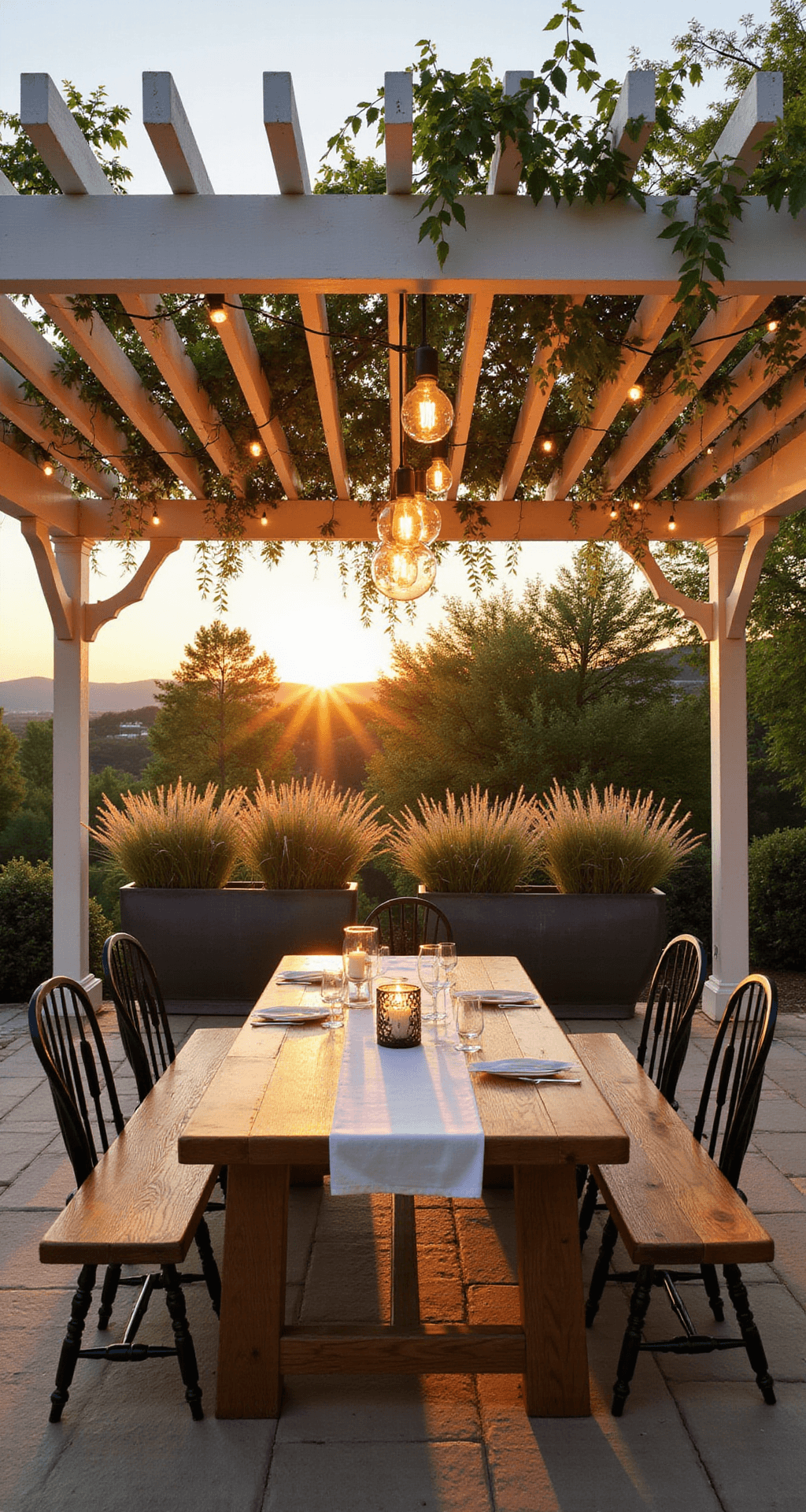 Creating an Outdoor Dining Space That Actually Makes You Want to Eat Outside Photorealistic outdoor patio dining area at sunset with a weathered oak farmhouse table under a white pergola adorned with wisteria, featuring wooden bench and Windsor-style chairs, warm golden hour lighting, dappled shadows on stone pavers, ornamental grasses in L-shaped planters, glowing Edison bulb lights, and candlelit lanterns.