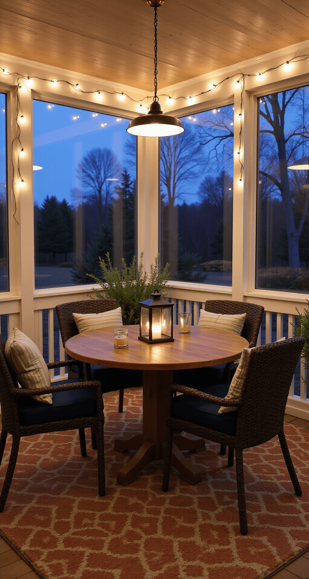 Creating an Outdoor Dining Space That Actually Makes You Want to Eat Outside Cozy screened porch dining nook at twilight featuring a round teak table and cushioned wicker chairs, illuminated by pendant lights and cafe lights, surrounded by herb planters, with a deep purple sky visible outside.