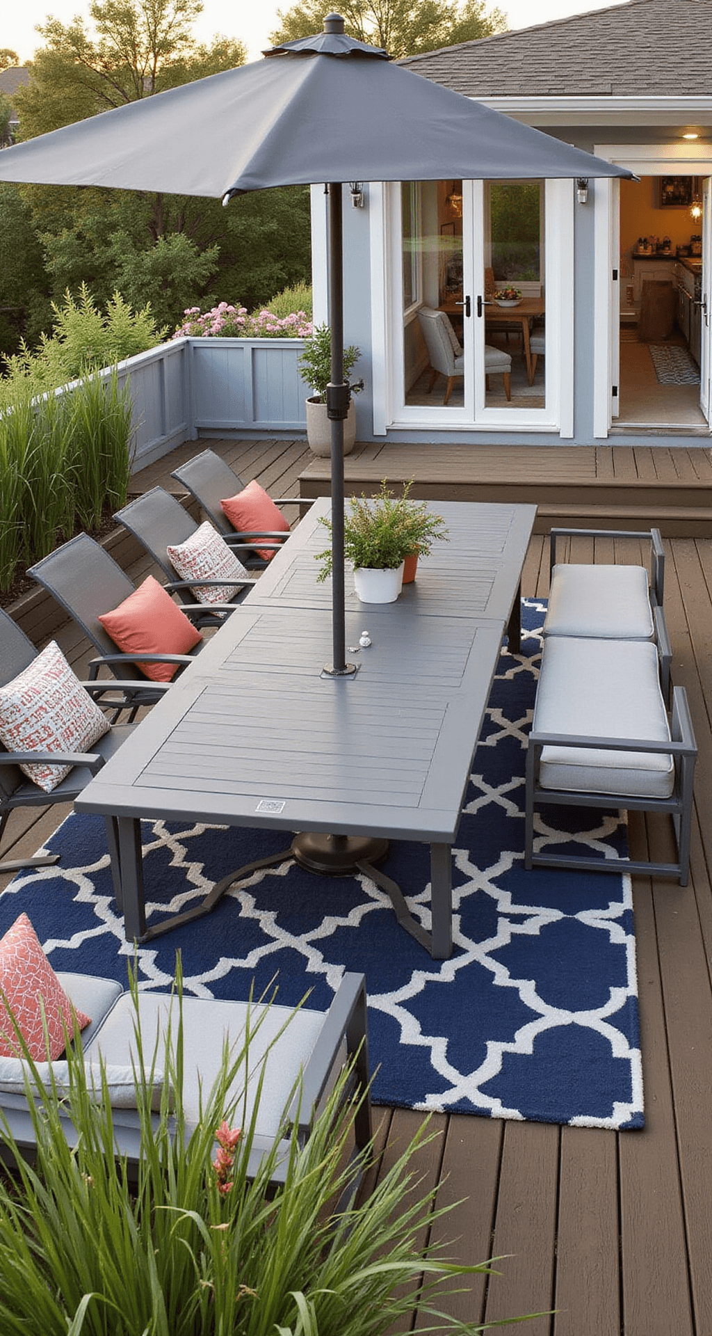 Creating an Outdoor Dining Space That Actually Makes You Want to Eat Outside Wide-angle view of a late afternoon outdoor dining area featuring a gray extendable table for eight, mixed seating with modern chairs and a cushioned bench, a large cantilever umbrella, and decorative planters, all set on rich brown composite decking with a geometric rug.