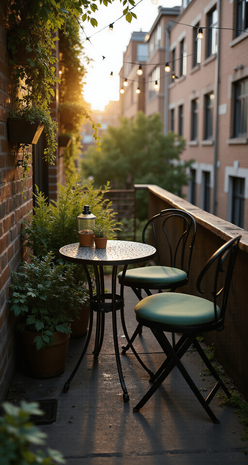 Creating an Outdoor Dining Space That Actually Makes You Want to Eat Outside Close-up shot of a cozy bistro dining setup on a narrow urban balcony during golden hour, featuring a small mosaic-topped table with two curved metal chairs and deep green cushions, string lights creating a bokeh effect overhead, trailing plants in wall-mounted planters, small hurricane lanterns, and potted herbs on the table, against a textured weathered brick wall with interesting shadow patterns.